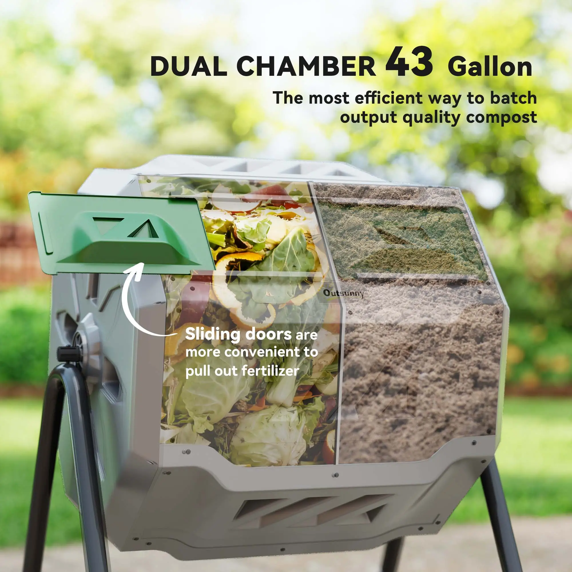 Dual Chamber 43 Gallon Compost Bin, 360 Rotating, Dark Green - Image 4