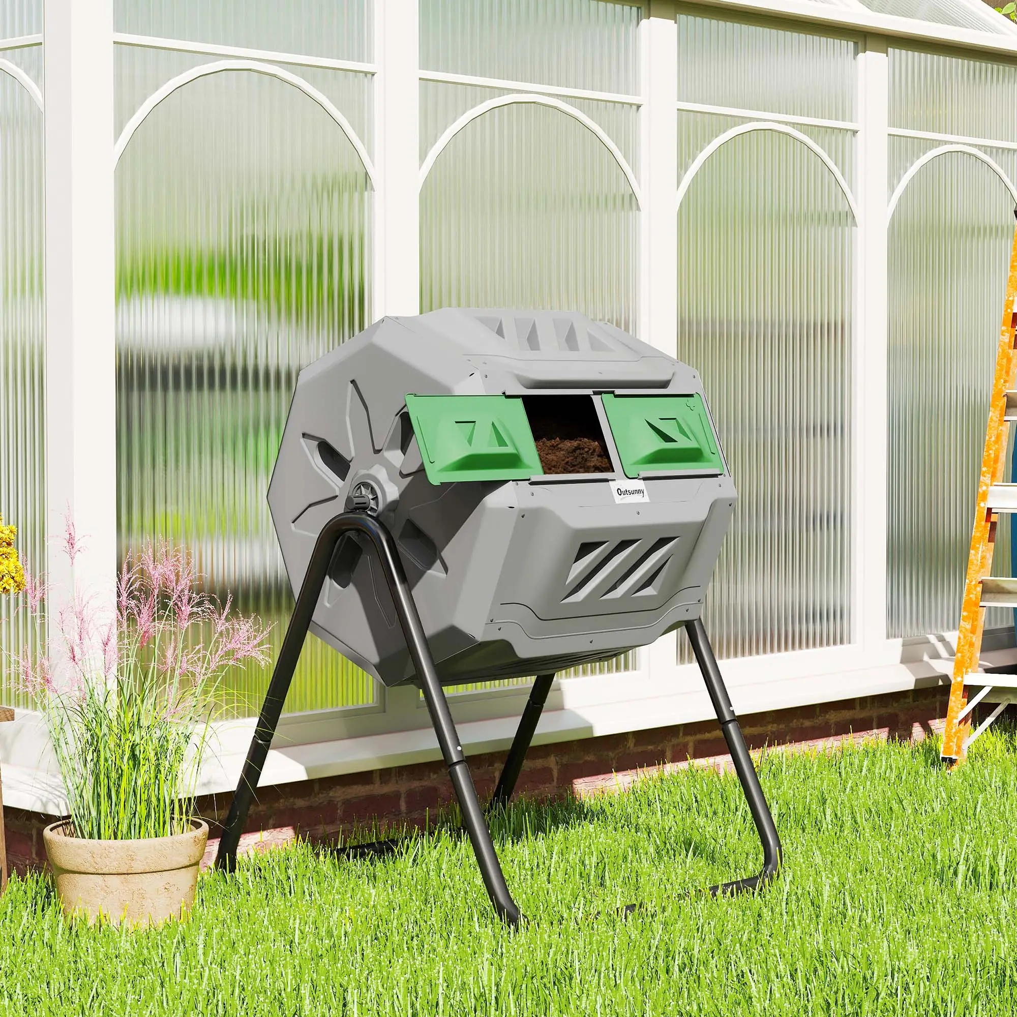 Dual Chamber 43 Gallon Compost Bin, 360 Rotating, Dark Green - Image 9