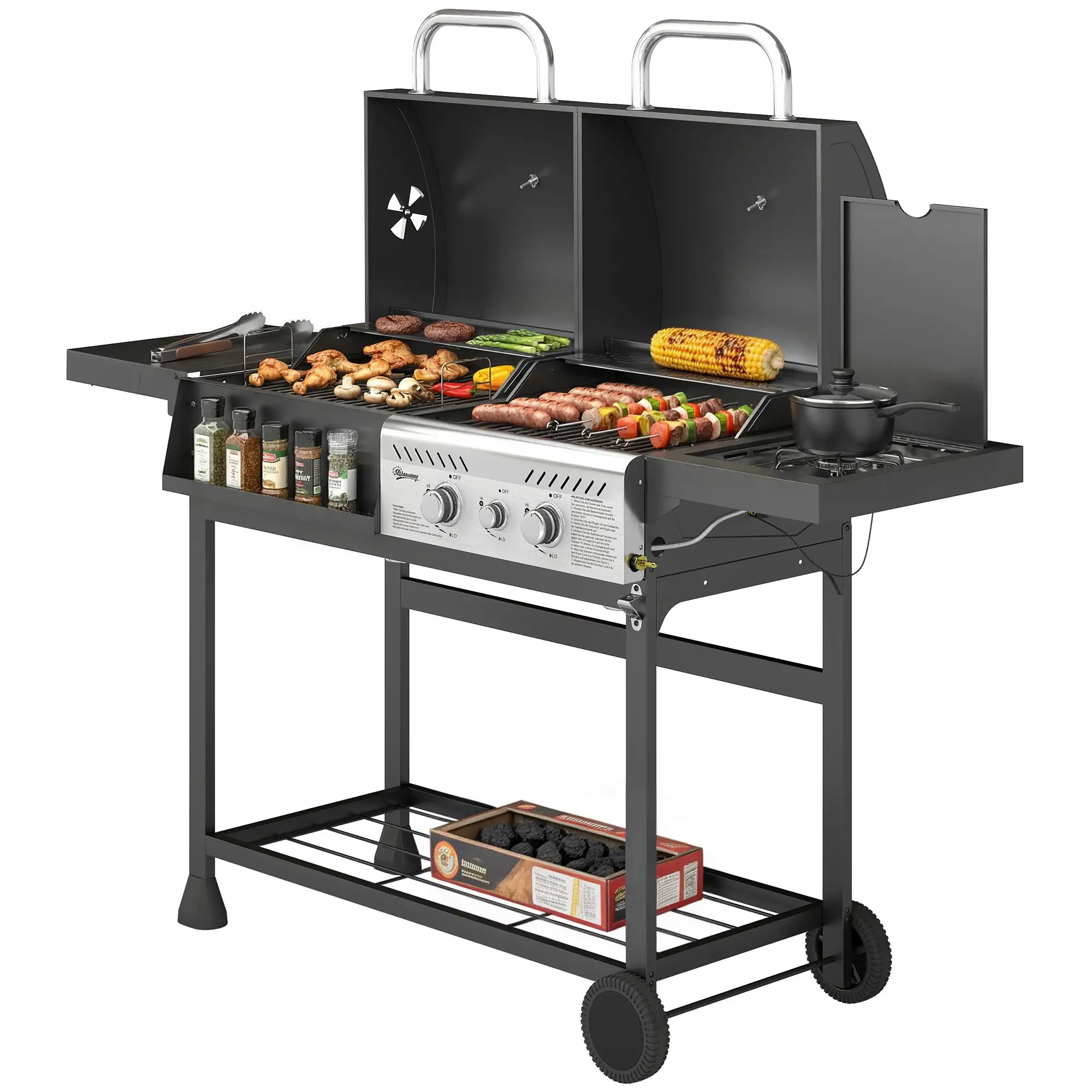Dual Fuel BBQ Grill, Charcoal And Gas Burner, Black