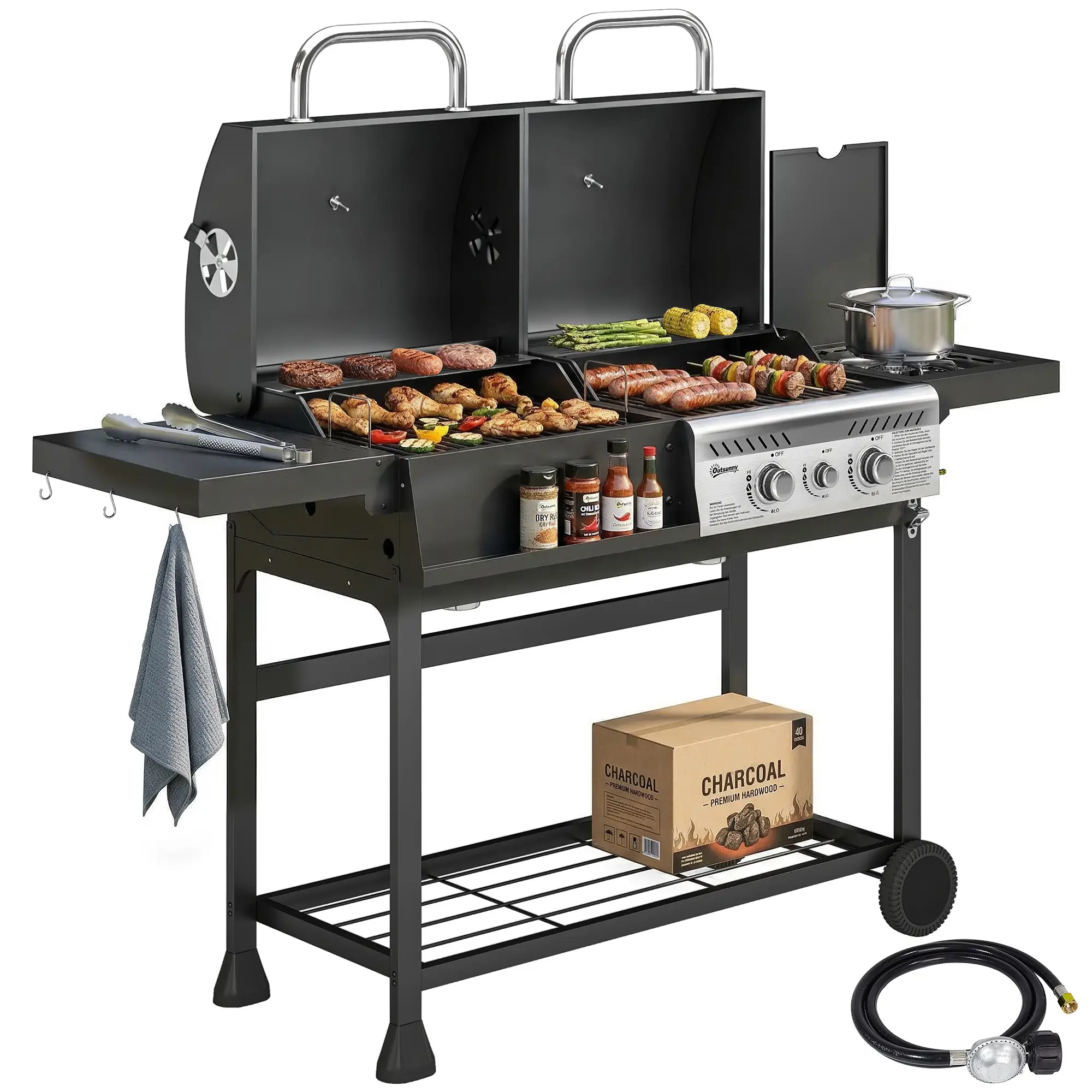 Dual Fuel BBQ Grill, Charcoal And Gas Burner, Black - Image 11