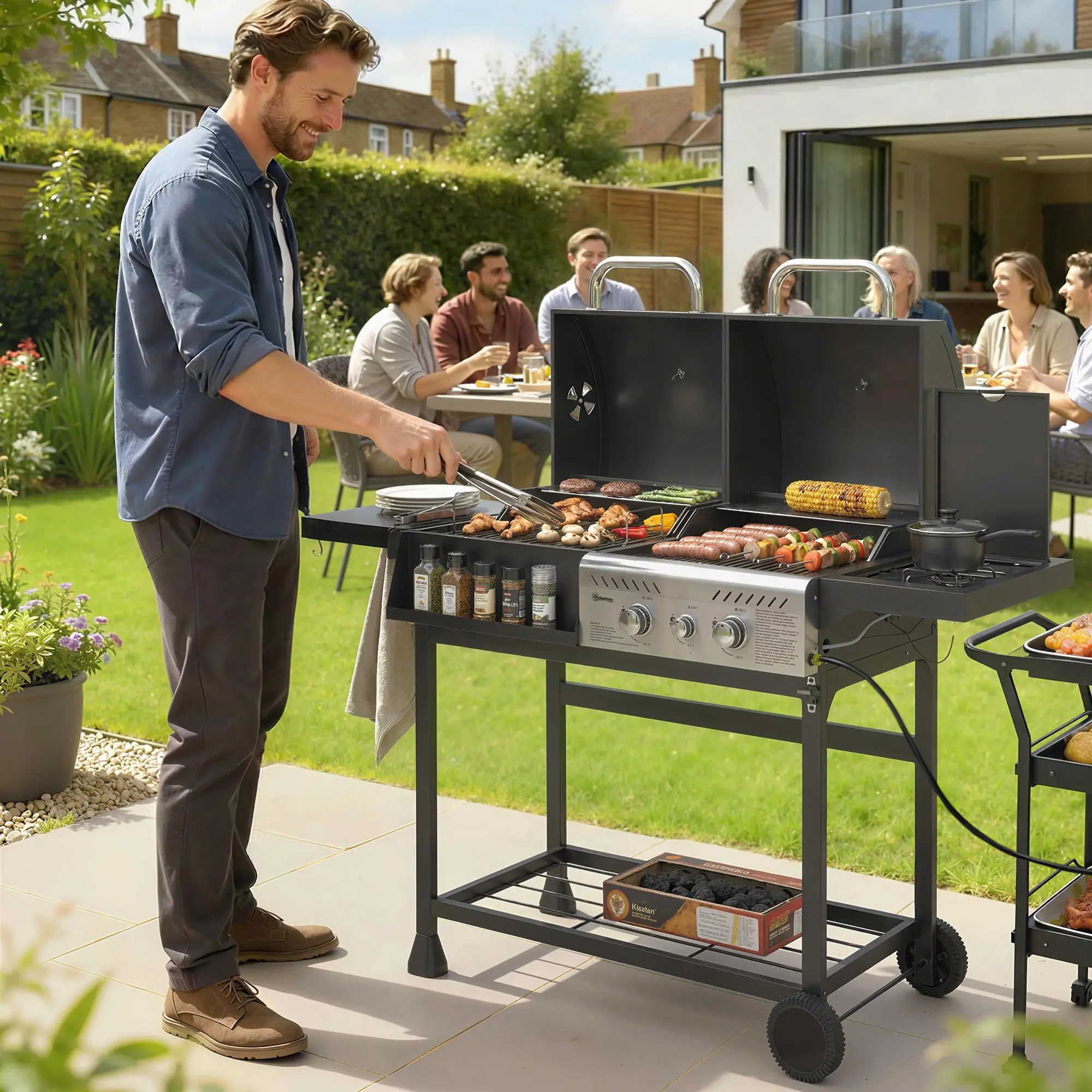 Dual Fuel BBQ Grill, Charcoal And Gas Burner, Black - Image 2