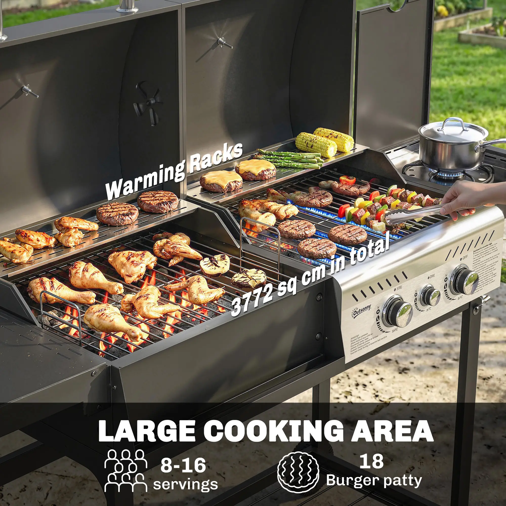 Dual Fuel BBQ Grill, Charcoal And Gas Burner, Black - Image 5
