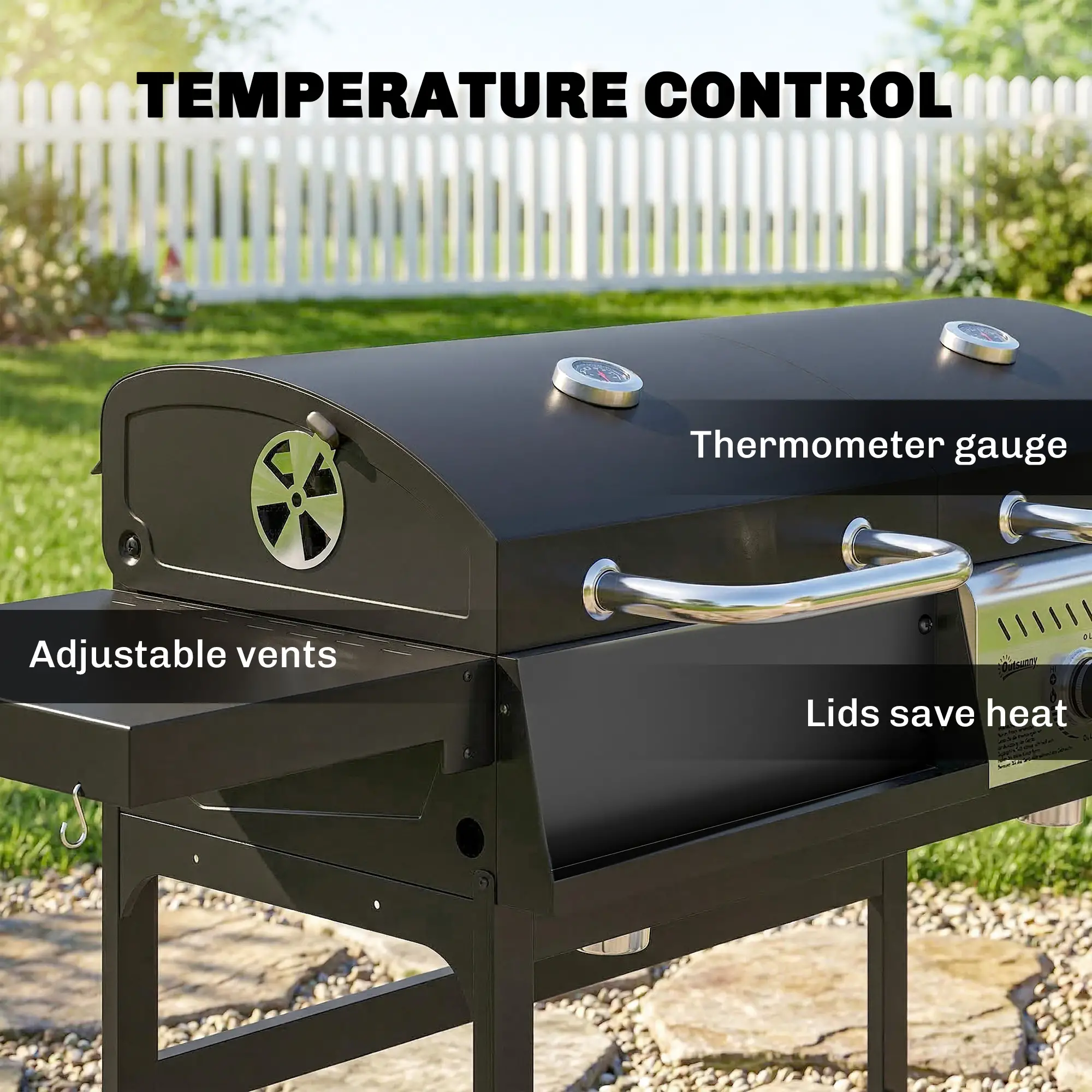 Dual Fuel BBQ Grill, Charcoal And Gas Burner, Black - Image 6