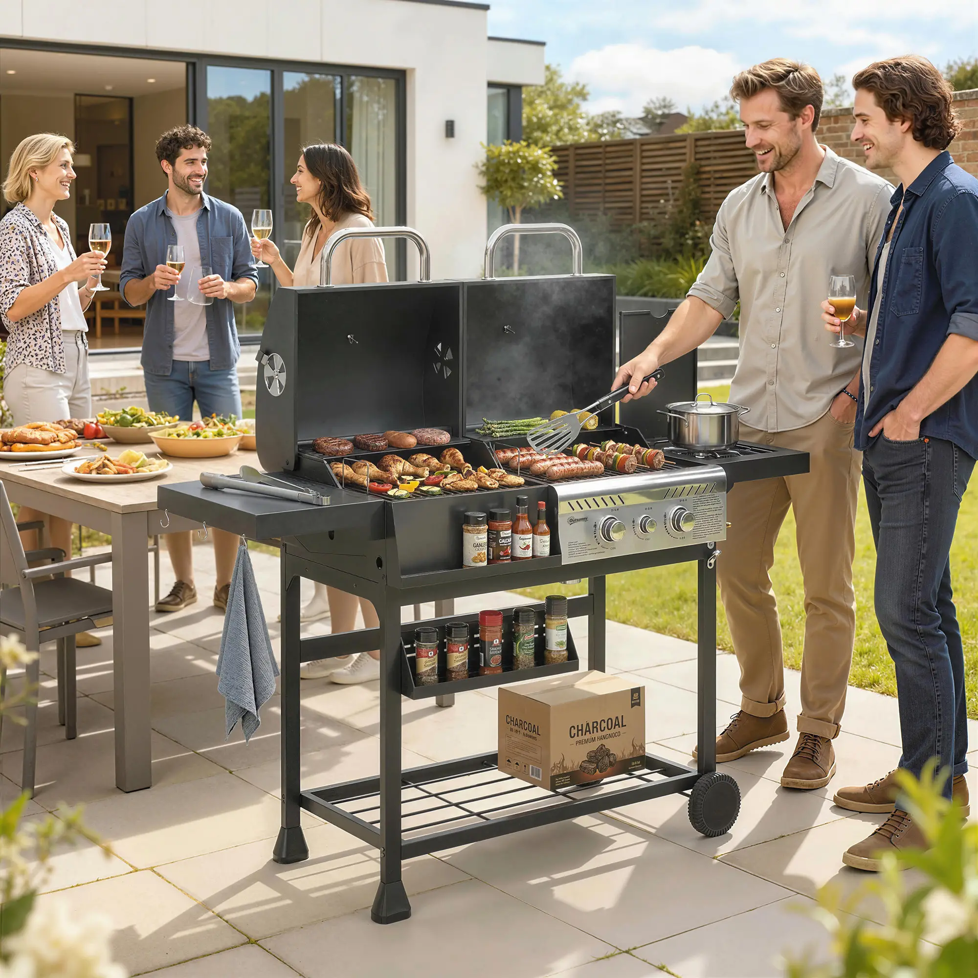Dual Fuel BBQ Grill, Charcoal And Gas Burner, Black - Image 8