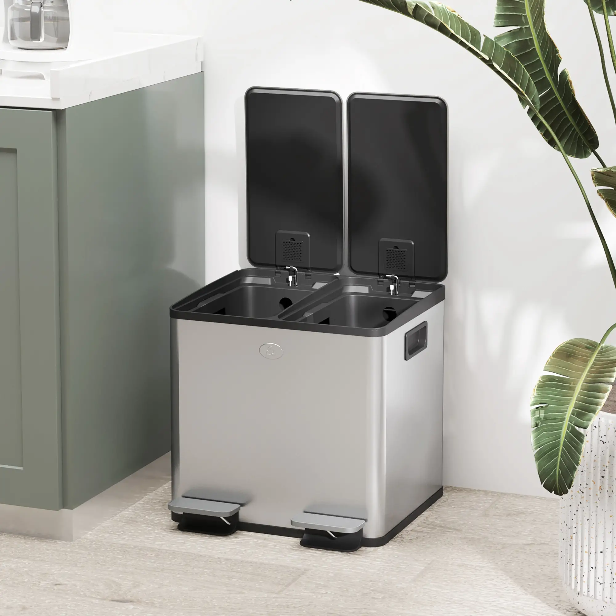 Dual Garbage Bin, Soft Close Trash Can, 2 x 15 Liter, Silver - Image 10