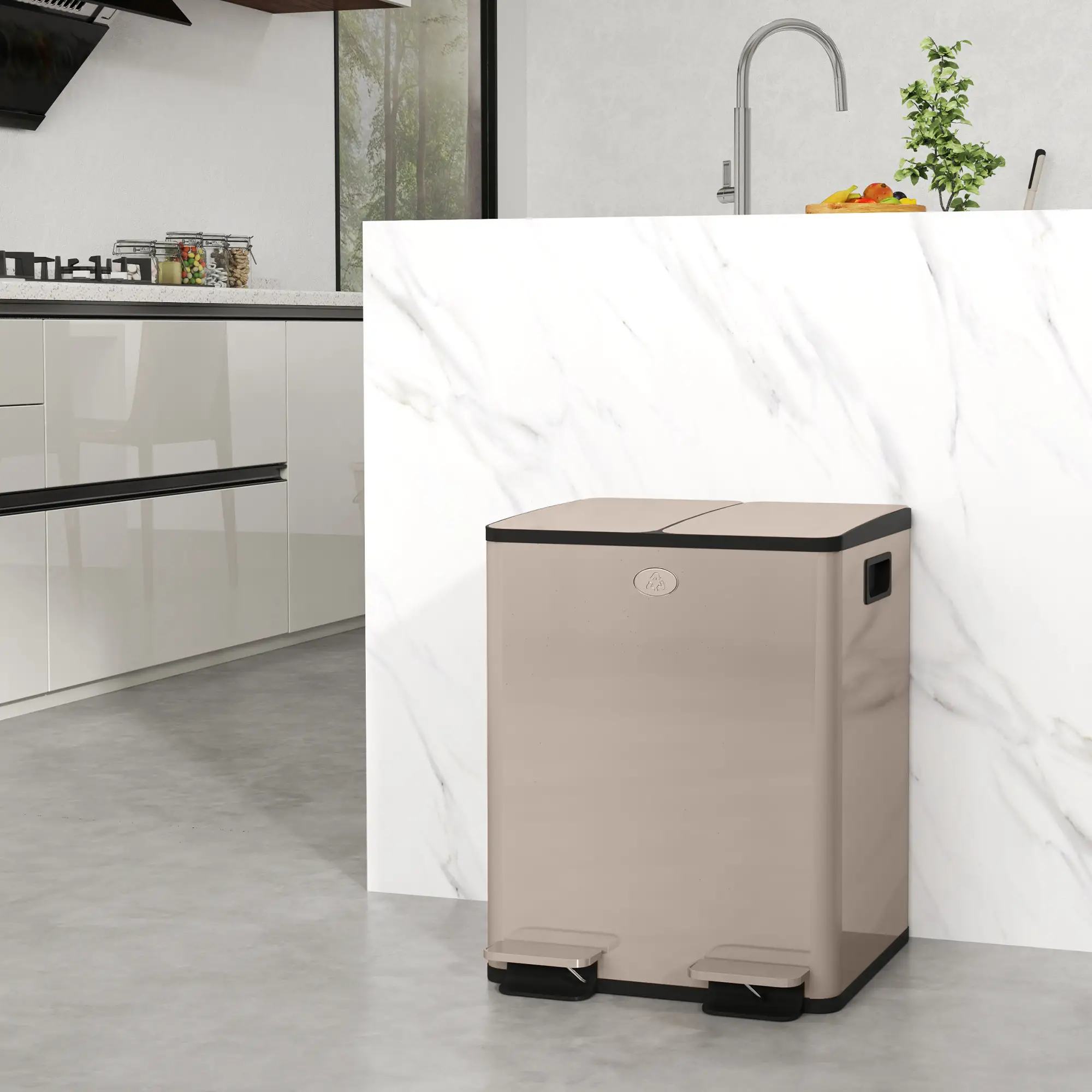 Dual Garbage Bin, Soft Close Trash Can, 2 x 20 Liter, Gold - Image 2