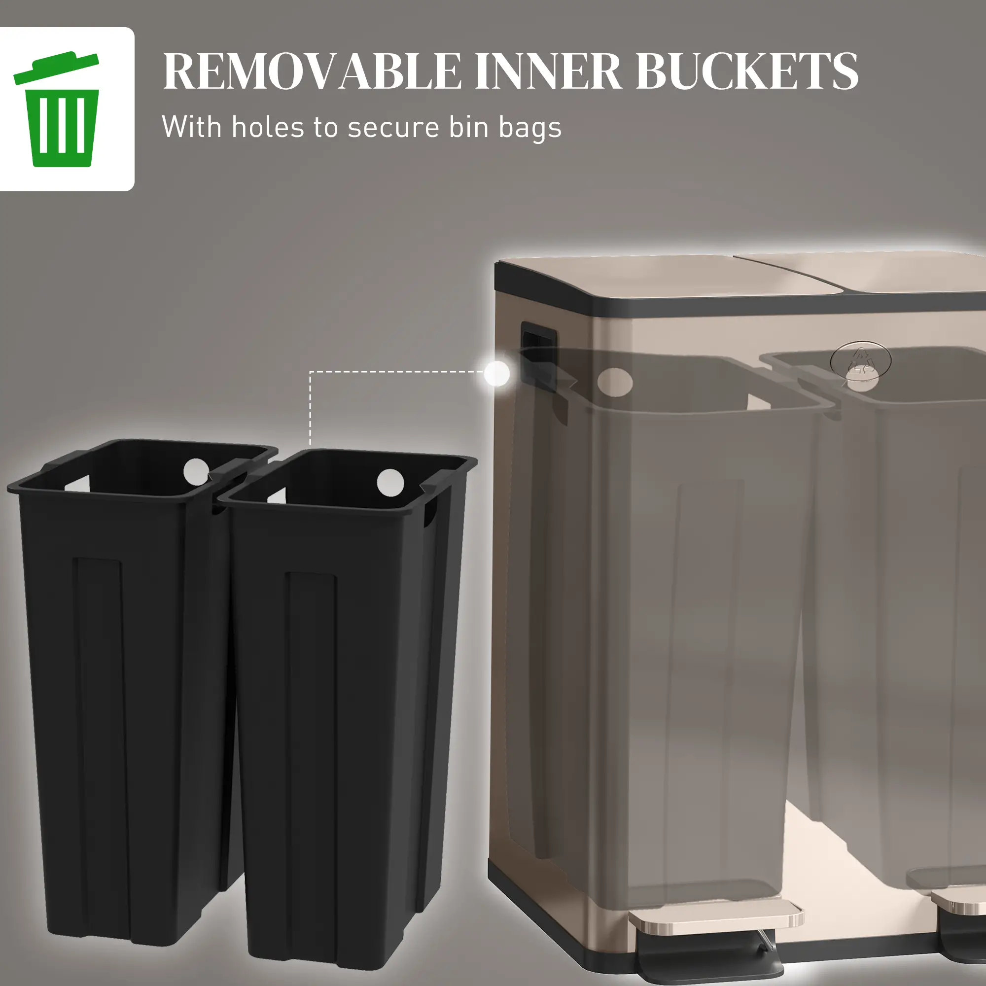 Dual Garbage Bin, Soft Close Trash Can, 2 x 20 Liter, Gold - Image 7
