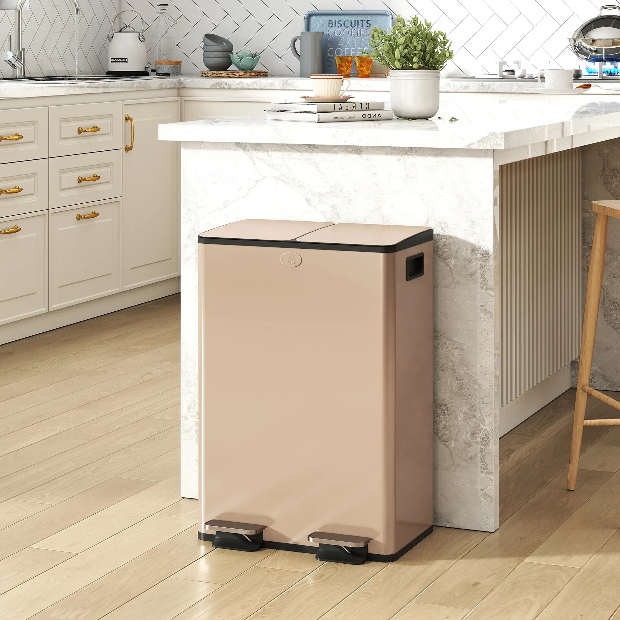 Dual Garbage Bin, Soft-Close Trash Can with Foot Pedal, 2 x 28 Liter Garbage Can with Removable Inner Buckets, Gold - Image 2