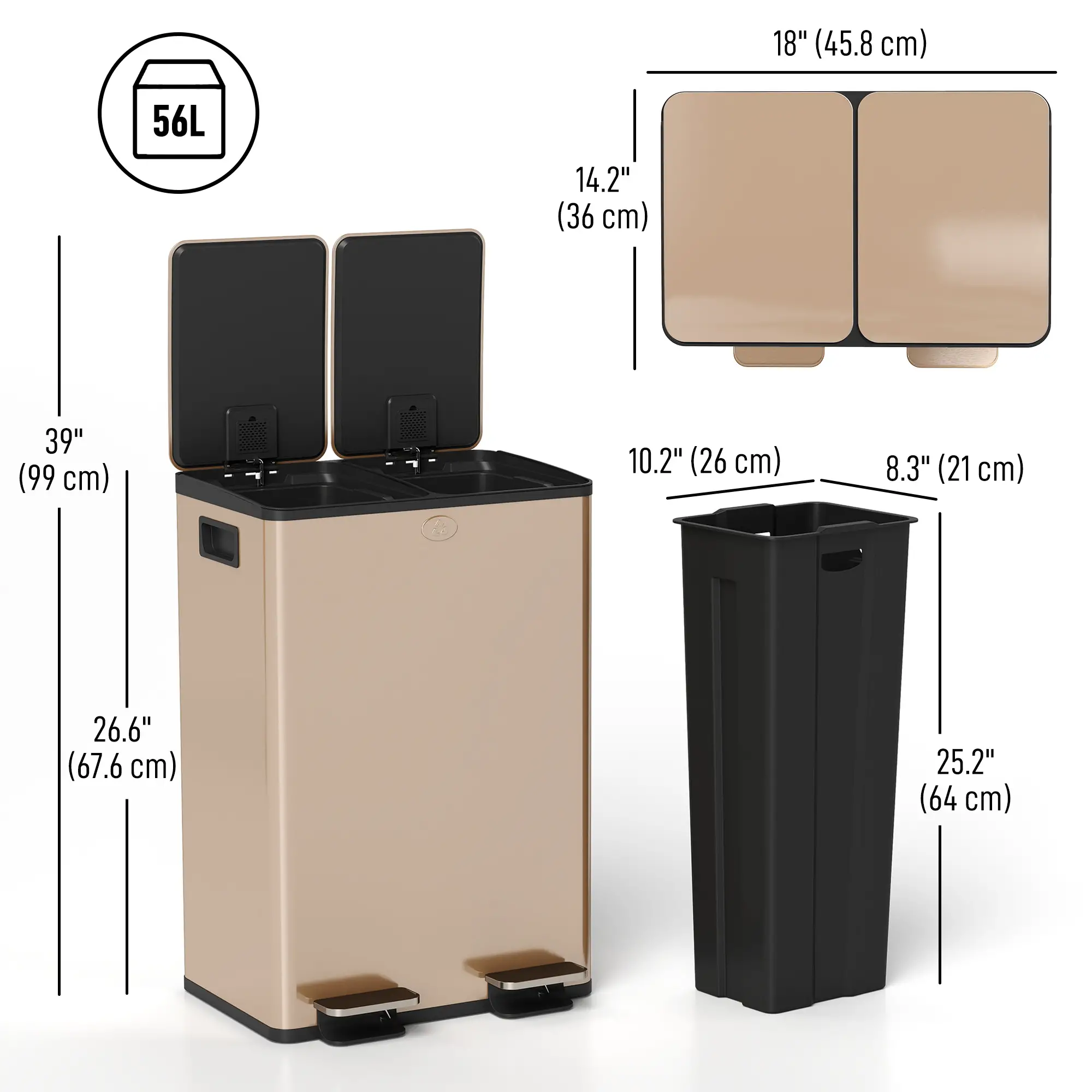Dual Garbage Bin, Soft-Close Trash Can with Foot Pedal, 2 x 28 Liter Garbage Can with Removable Inner Buckets, Gold - Image 3