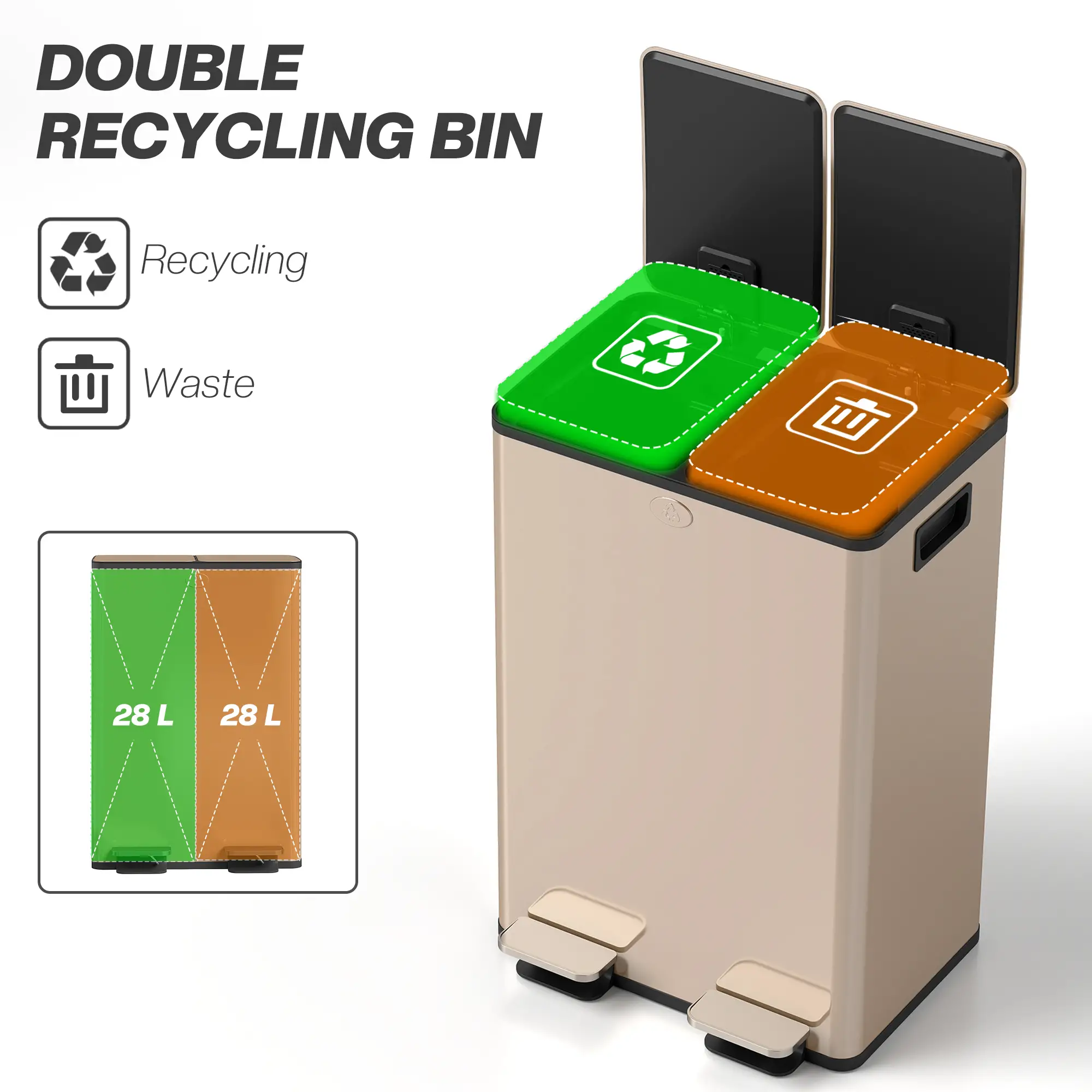 Dual Garbage Bin, Soft-Close Trash Can with Foot Pedal, 2 x 28 Liter Garbage Can with Removable Inner Buckets, Gold - Image 4