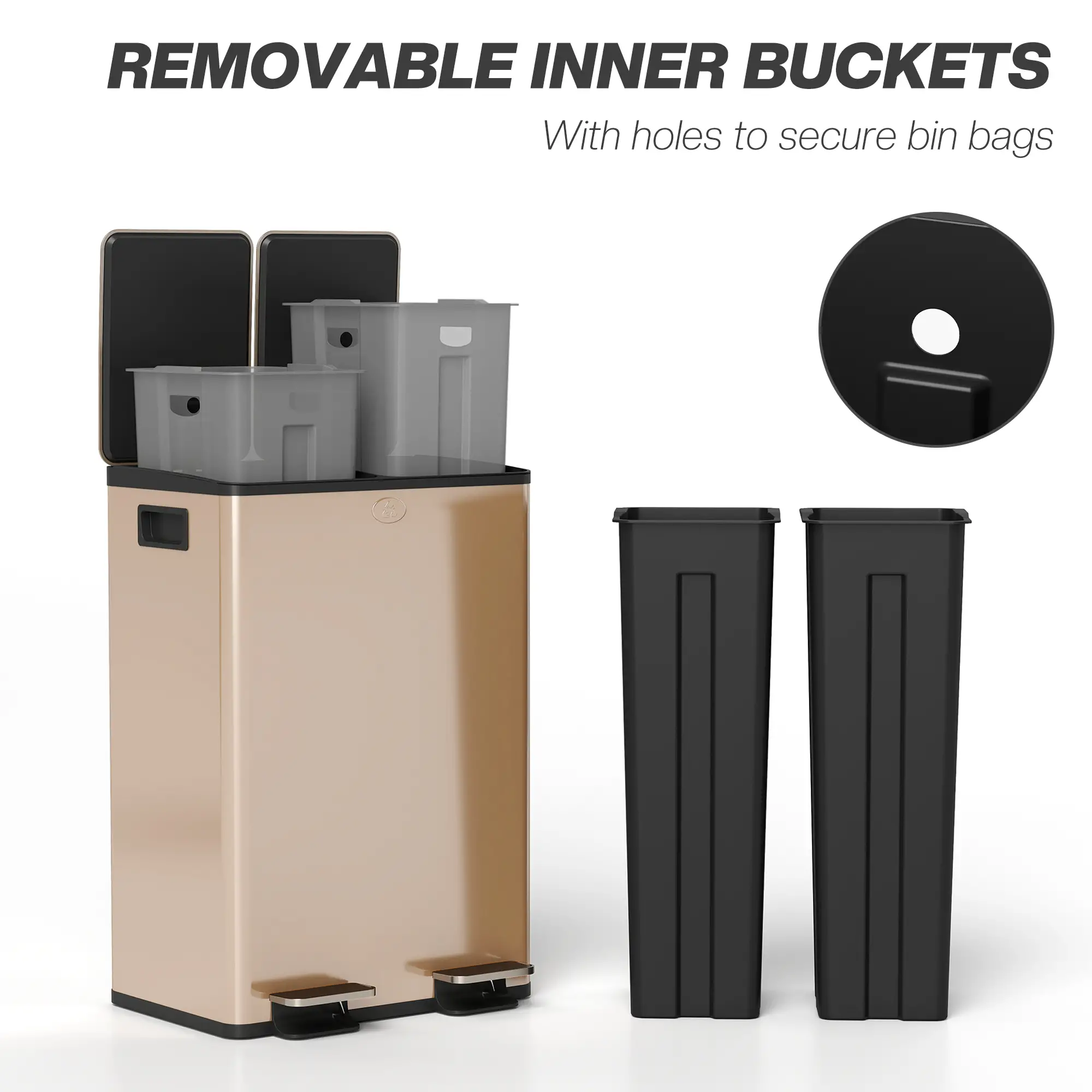 Dual Garbage Bin, Soft-Close Trash Can with Foot Pedal, 2 x 28 Liter Garbage Can with Removable Inner Buckets, Gold - Image 6