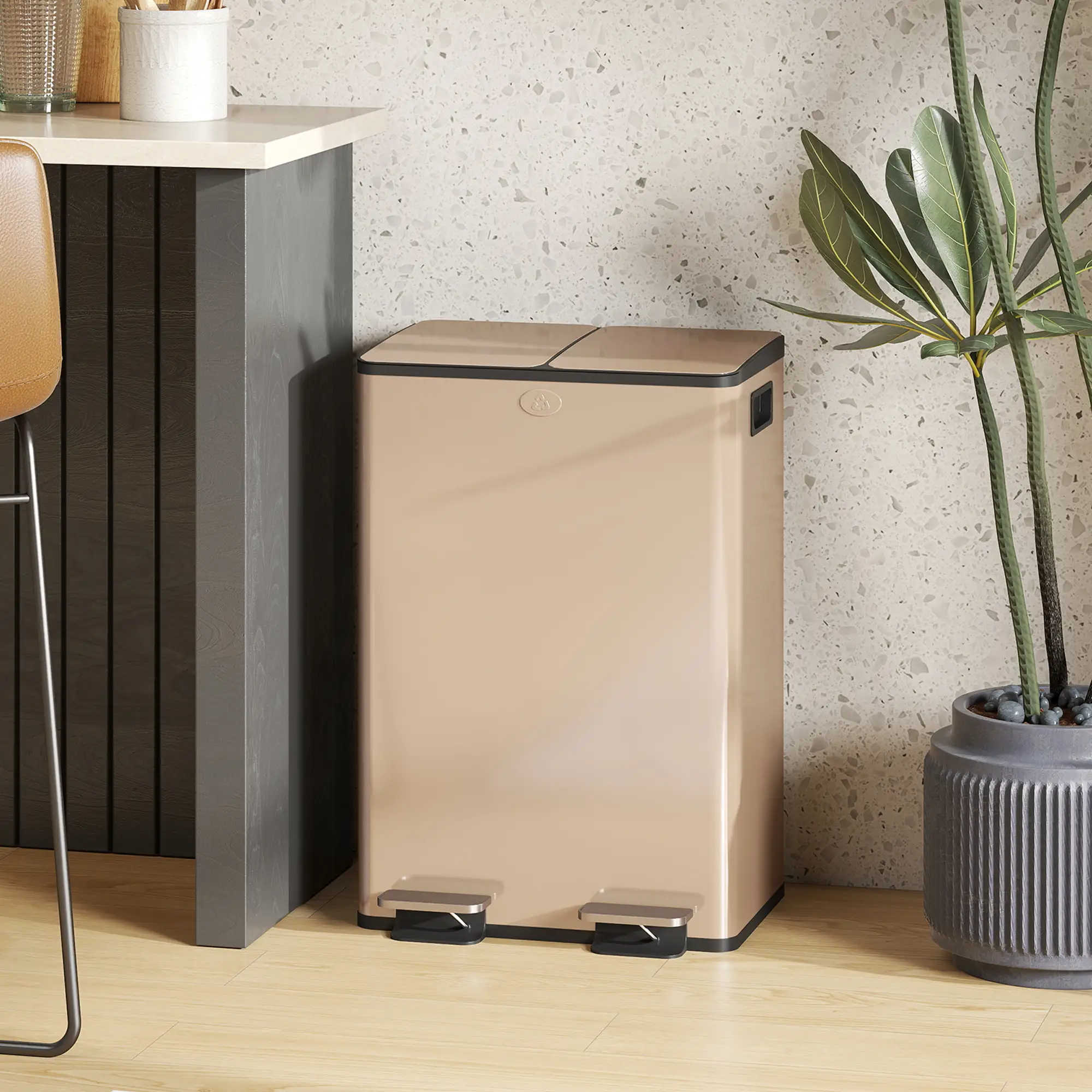 Dual Garbage Bin, Soft-Close Trash Can with Foot Pedal, 2 x 28 Liter Garbage Can with Removable Inner Buckets, Gold - Image 7