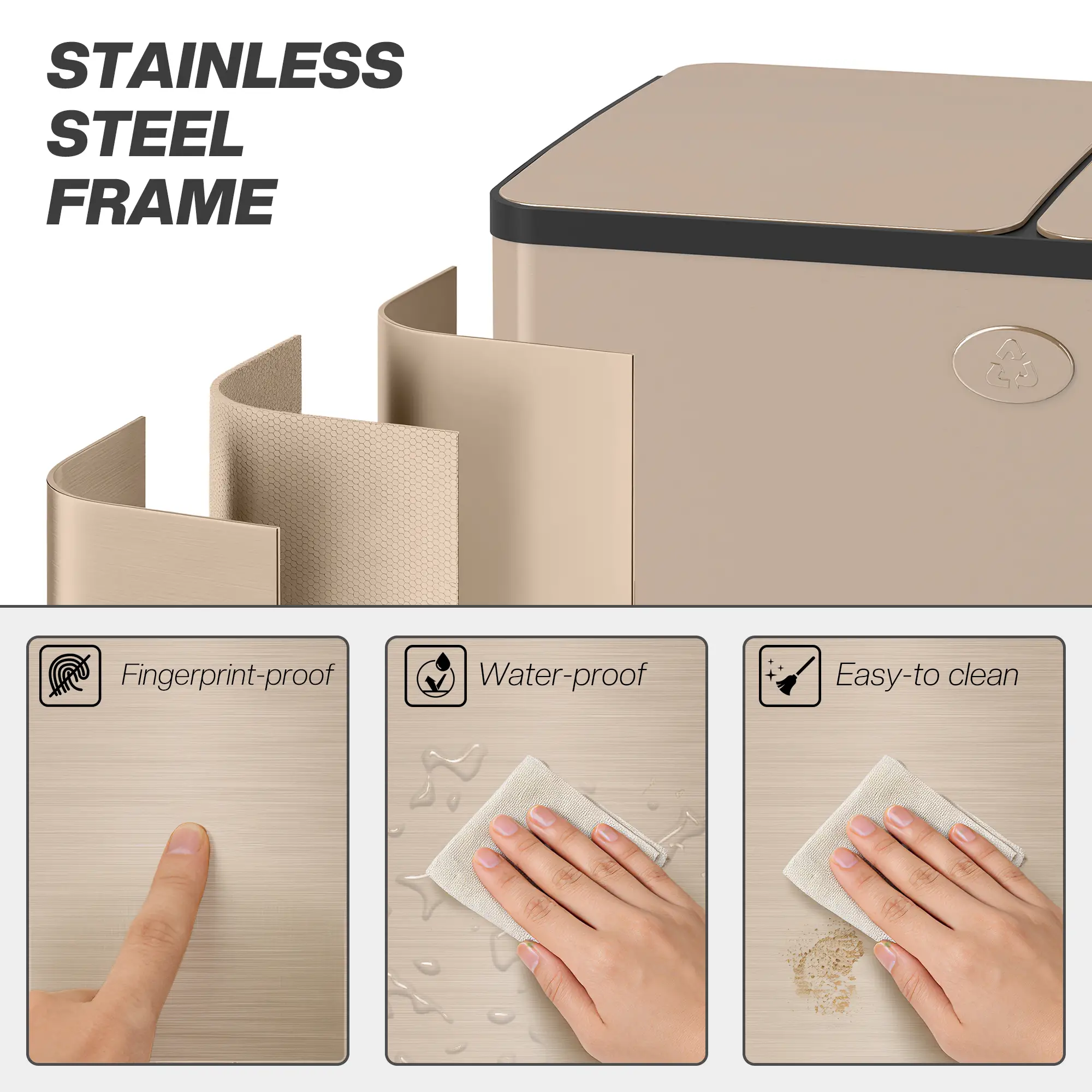 Dual Garbage Bin, Soft-Close Trash Can with Foot Pedal, 2 x 28 Liter Garbage Can with Removable Inner Buckets, Gold - Image 8