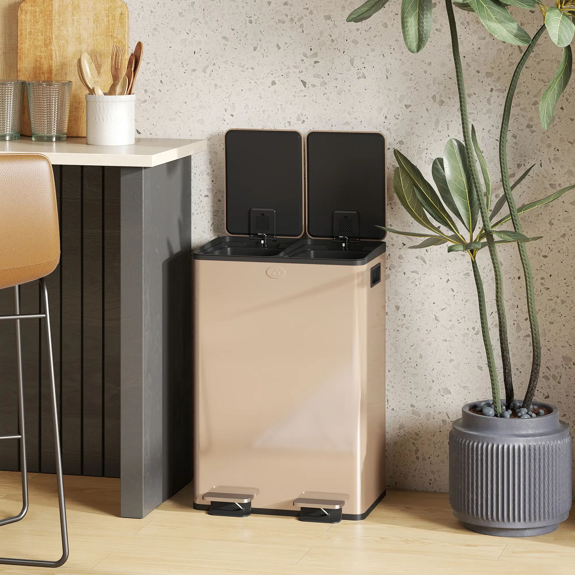 Dual Garbage Bin, Soft-Close Trash Can with Foot Pedal, 2 x 28 Liter Garbage Can with Removable Inner Buckets, Gold - Image 9