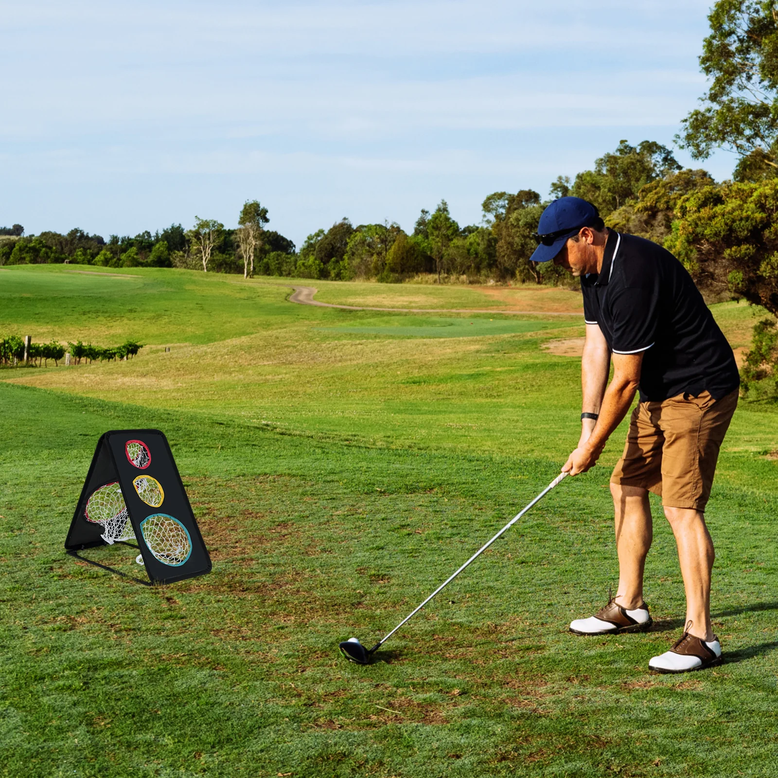 Dual-Sided Golf Chipping Net Triple Target Training System with 5 Target Holes - Image 2