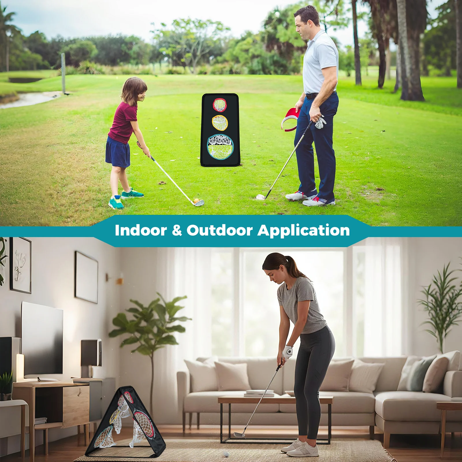 Dual-Sided Golf Chipping Net Triple Target Training System with 5 Target Holes - Image 7