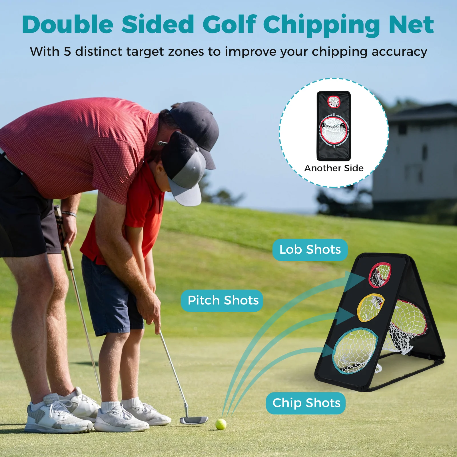 Dual-Sided Golf Chipping Net Triple Target Training System with 5 Target Holes - Image 8
