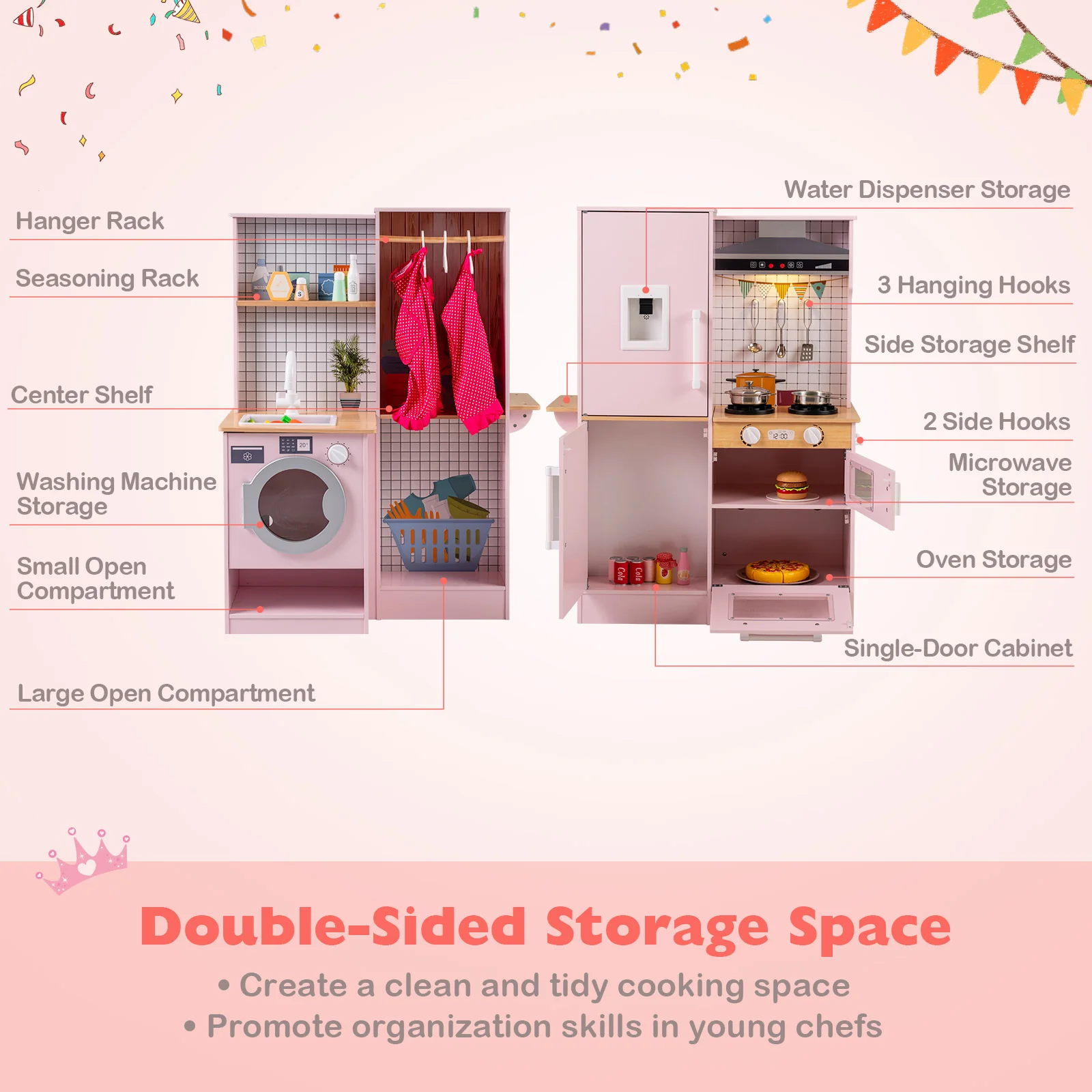 Dual-Sided Kids Play Kitchen with Water Dispenser and Range Hood for 3+ Years Old, Pink - Image 10