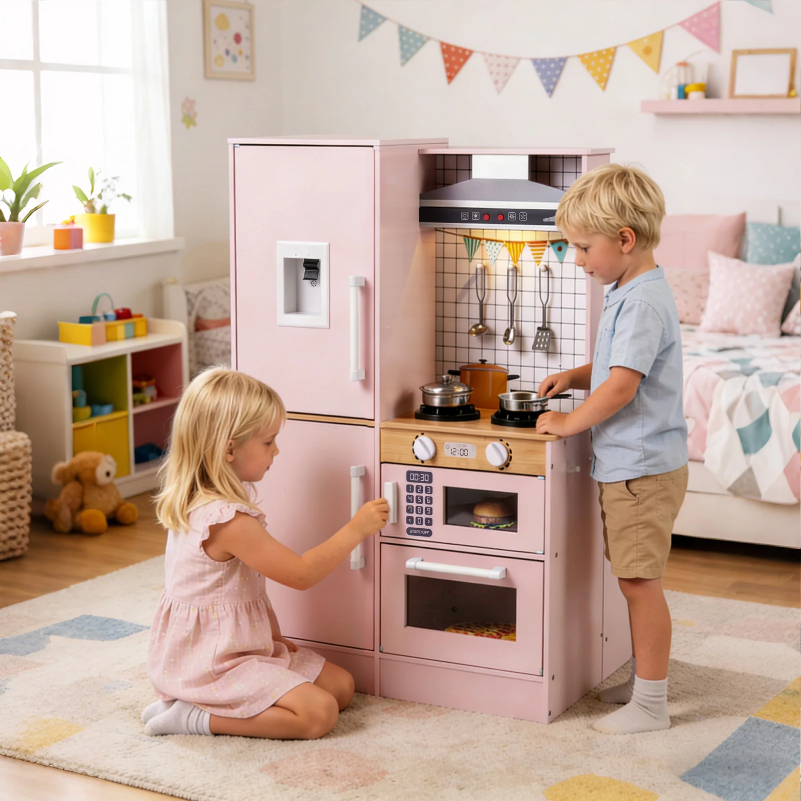 Dual-Sided Kids Play Kitchen with Water Dispenser and Range Hood for 3+ Years Old, Pink - Image 2
