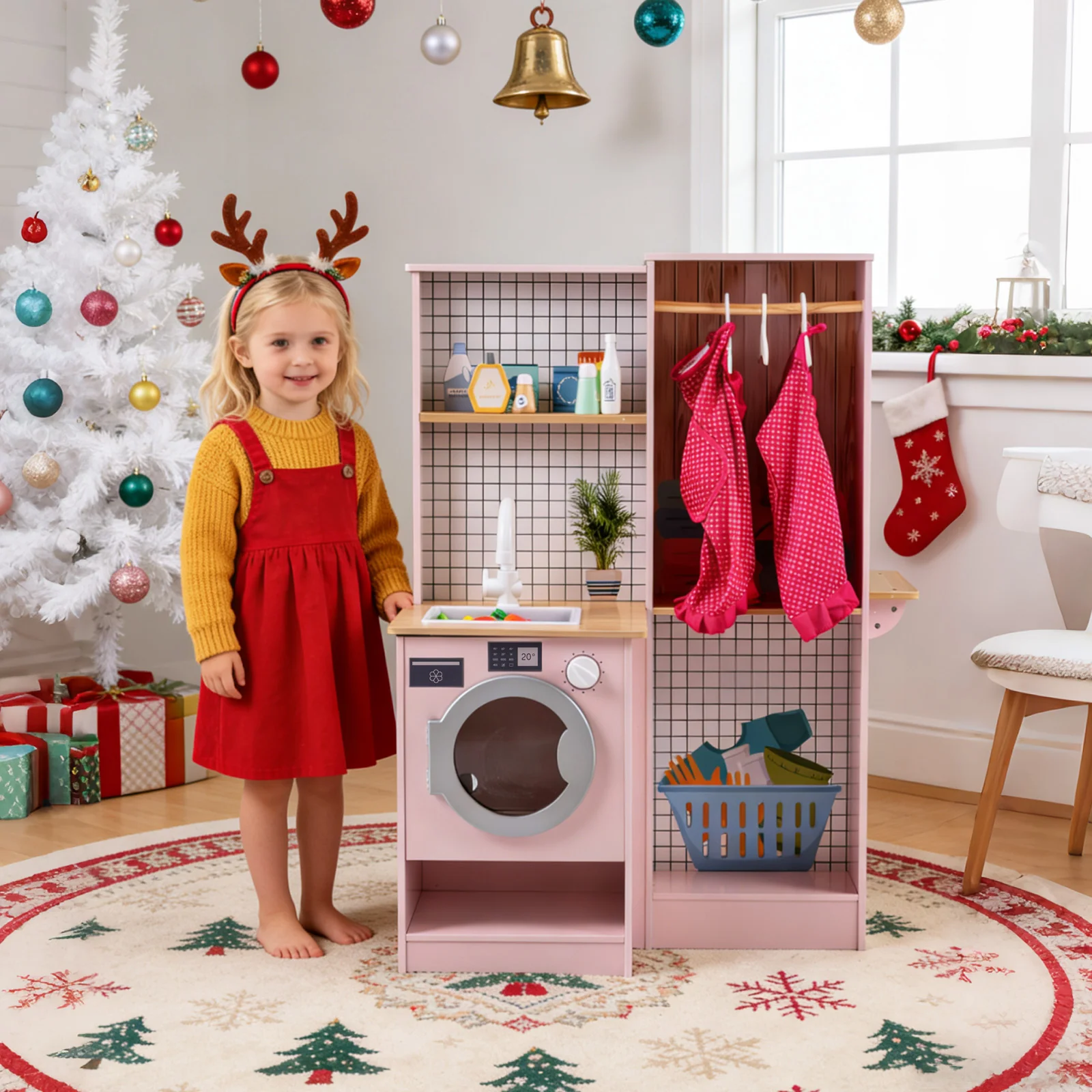 Dual-Sided Kids Play Kitchen with Water Dispenser and Range Hood for 3+ Years Old, Pink - Image 3