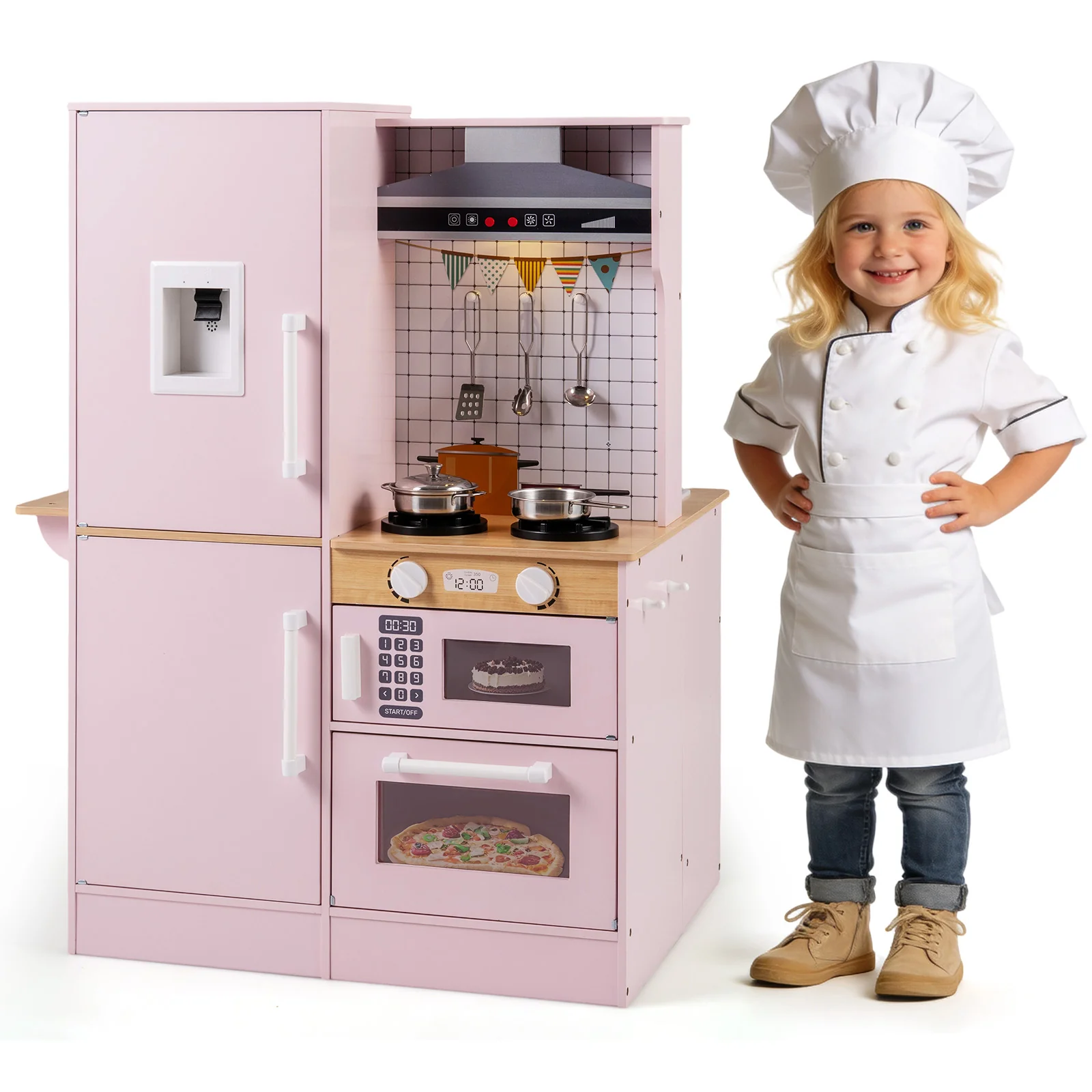 Dual-Sided Kids Play Kitchen with Water Dispenser and Range Hood for 3+ Years Old, Pink - Image 4