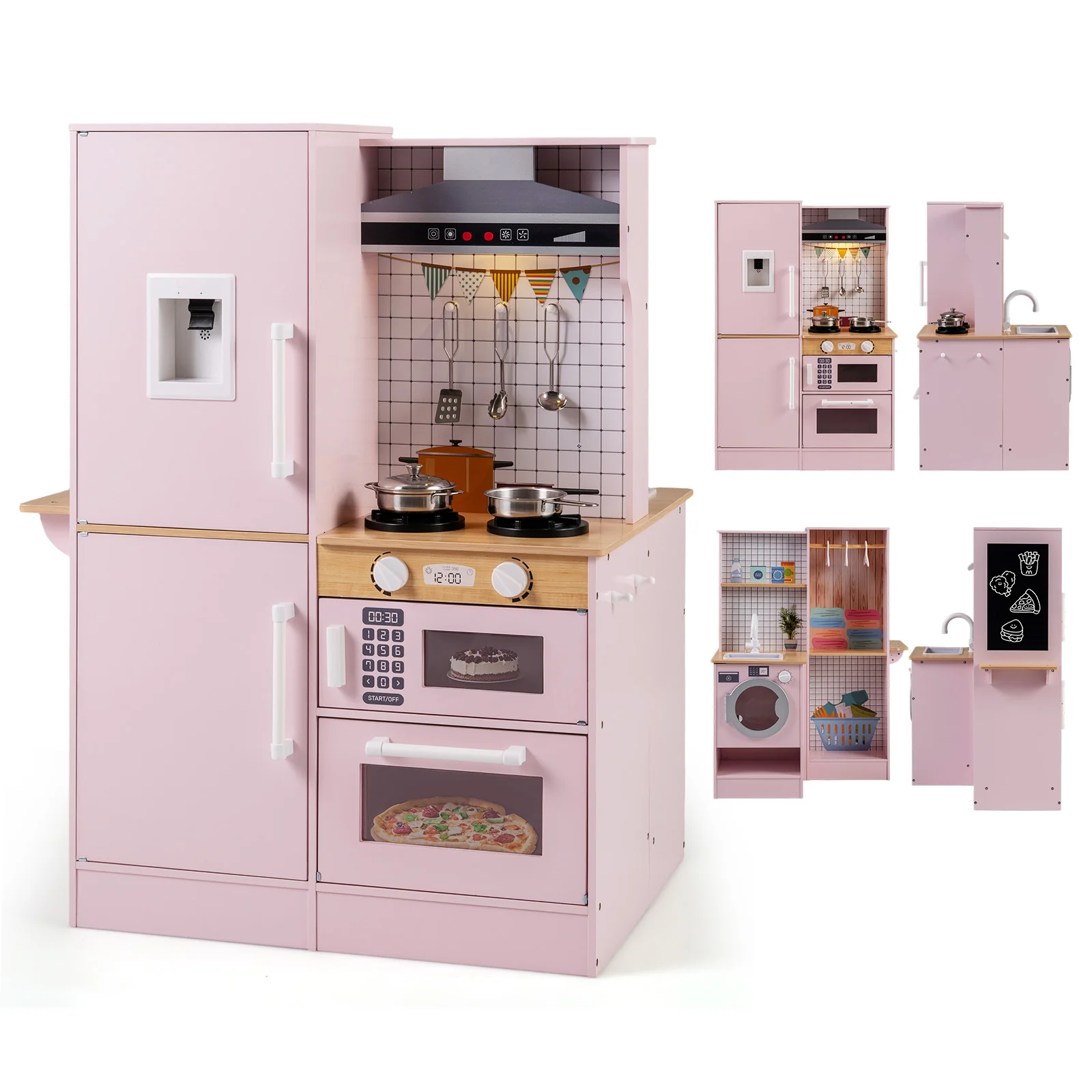 Dual-Sided Kids Play Kitchen with Water Dispenser and Range Hood for 3+ Years Old, Pink - Image 5
