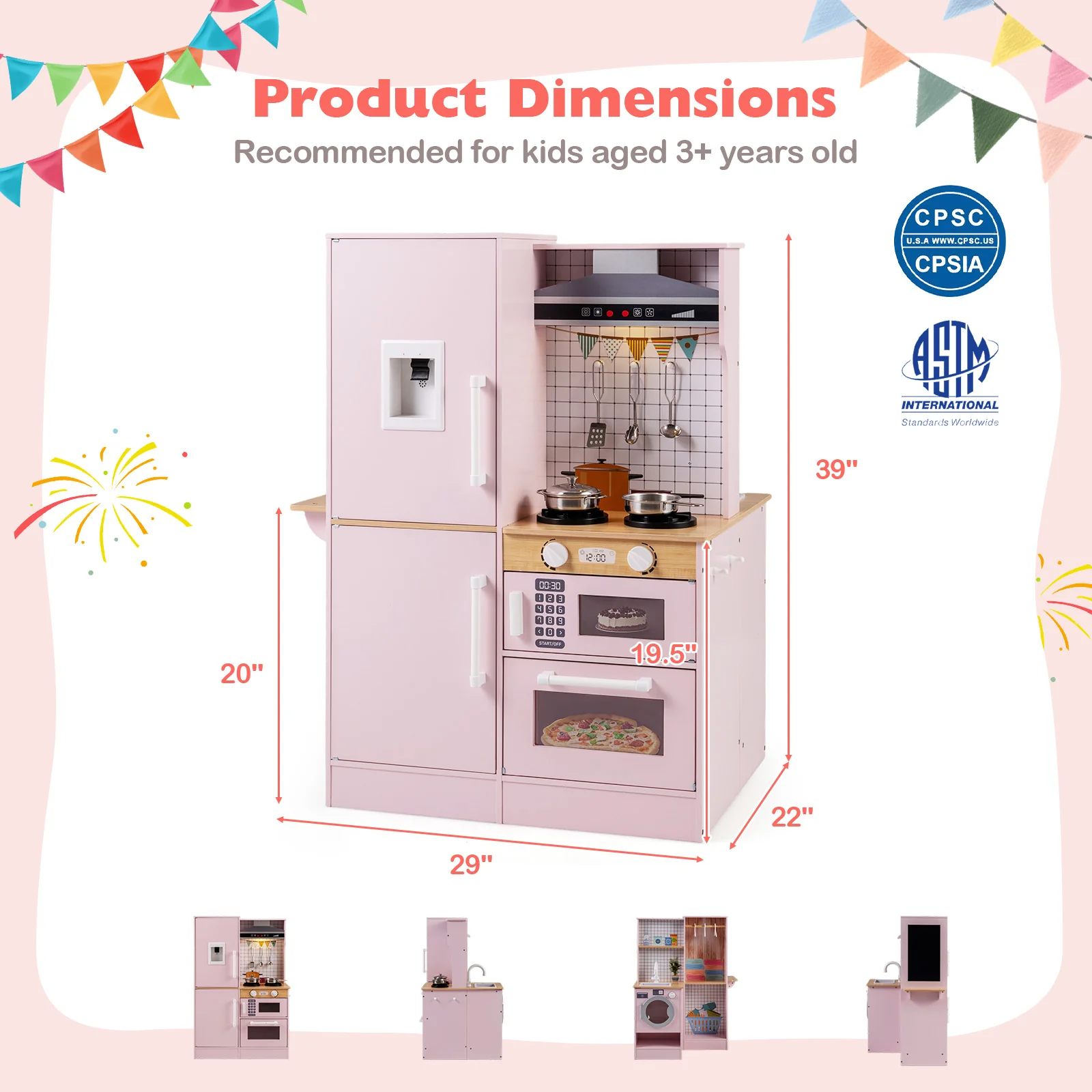 Dual-Sided Kids Play Kitchen with Water Dispenser and Range Hood for 3+ Years Old, Pink - Image 6