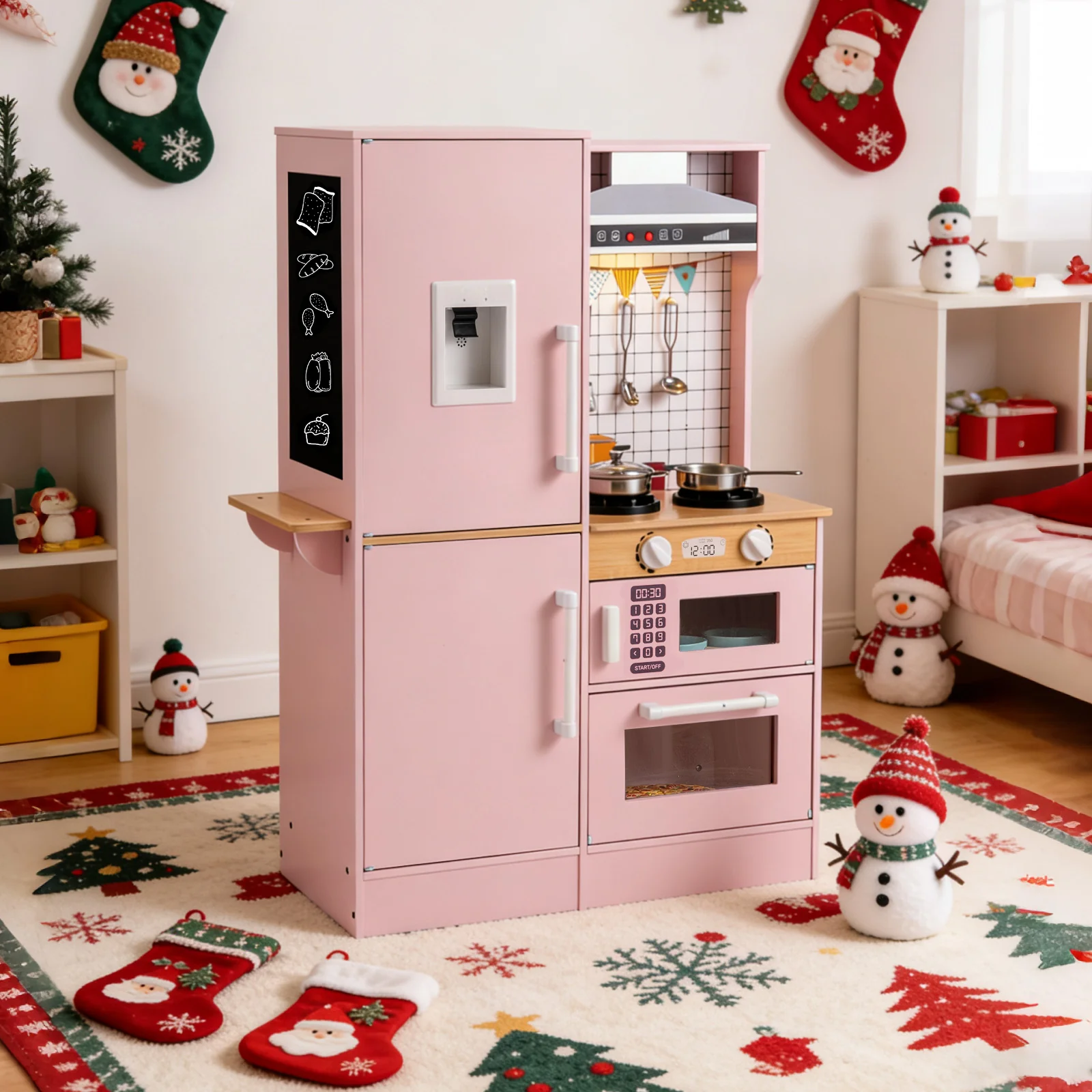 Dual-Sided Kids Play Kitchen with Water Dispenser and Range Hood for 3+ Years Old, Pink - Image 7