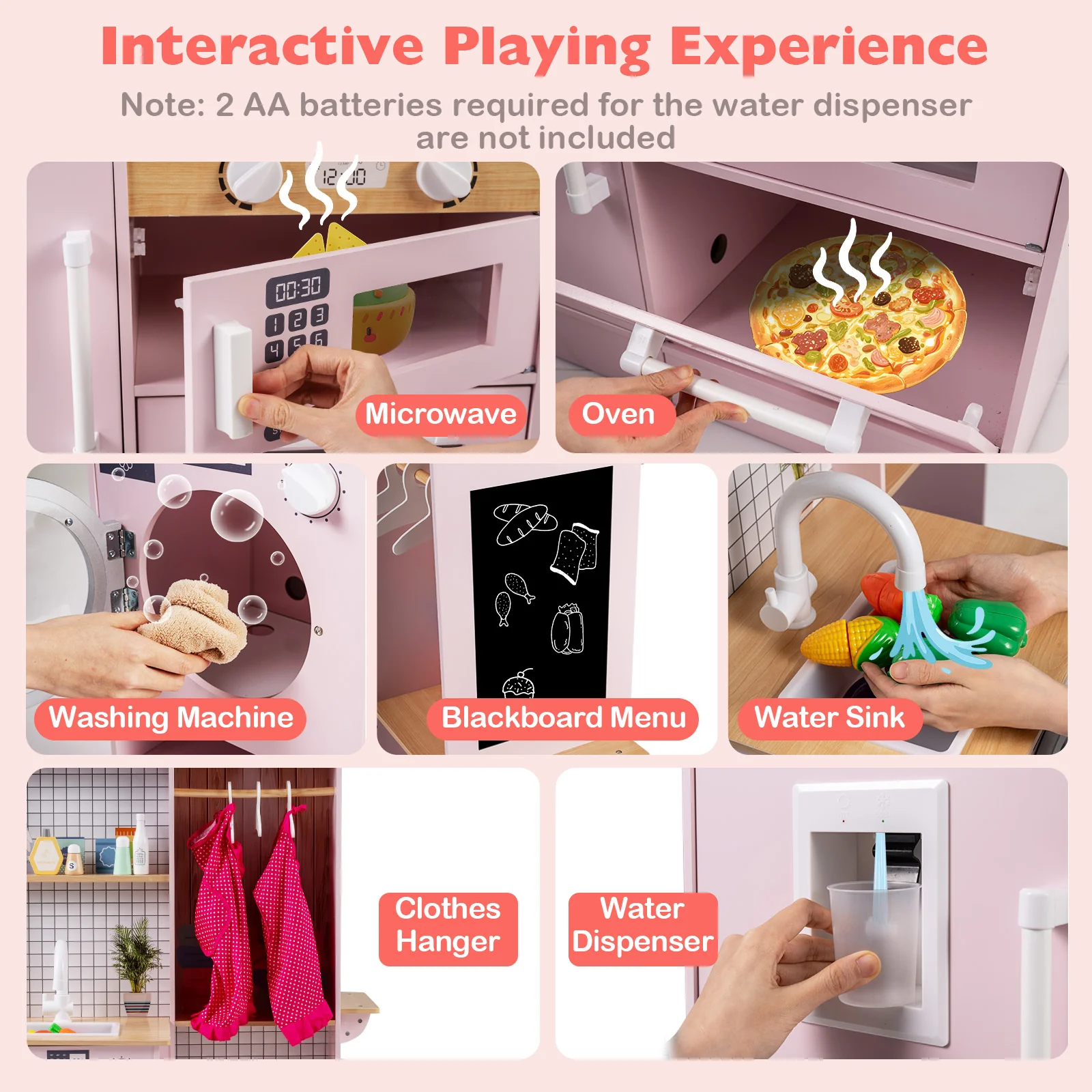 Dual-Sided Kids Play Kitchen with Water Dispenser and Range Hood for 3+ Years Old, Pink - Image 9