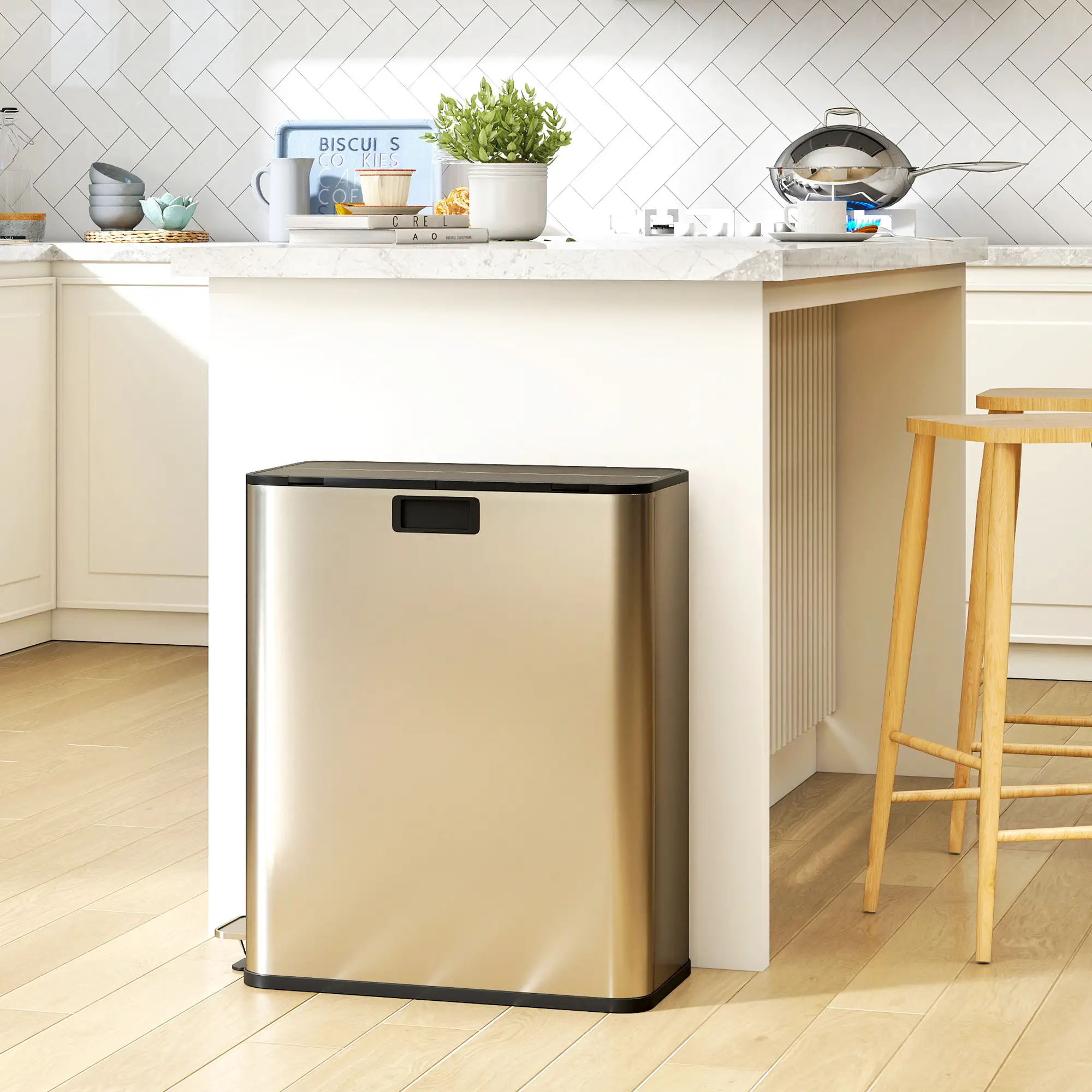 Dual Trash Can with Soft-Close Lid, Garbage Can with Removable Inner Bucket for Kitchen 14.8gal, Silver - Image 2