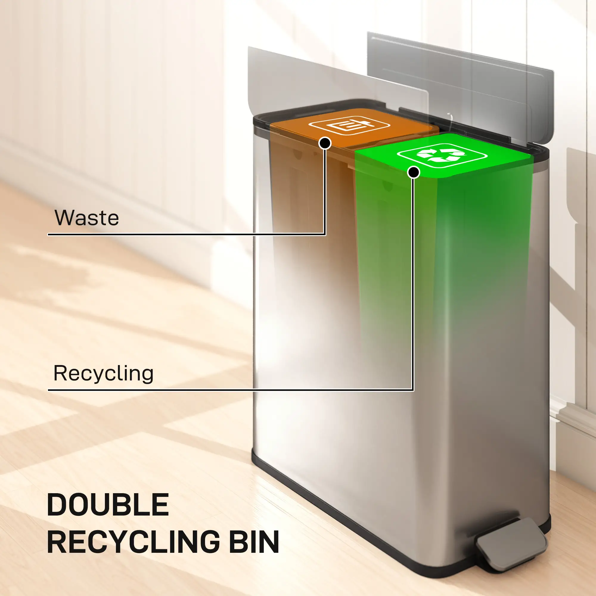 Dual Trash Can with Soft-Close Lid, Garbage Can with Removable Inner Bucket for Kitchen 14.8gal, Silver - Image 4