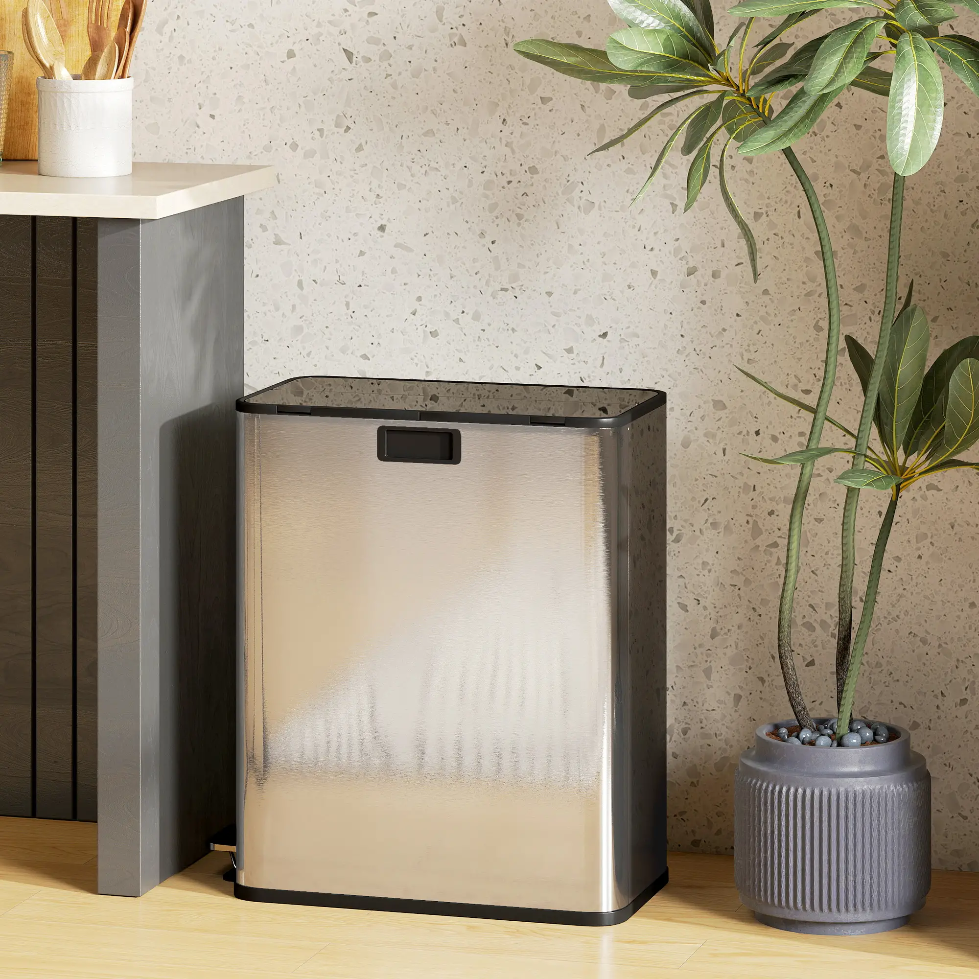 Dual Trash Can with Soft-Close Lid, Garbage Can with Removable Inner Bucket for Kitchen 14.8gal, Silver - Image 8