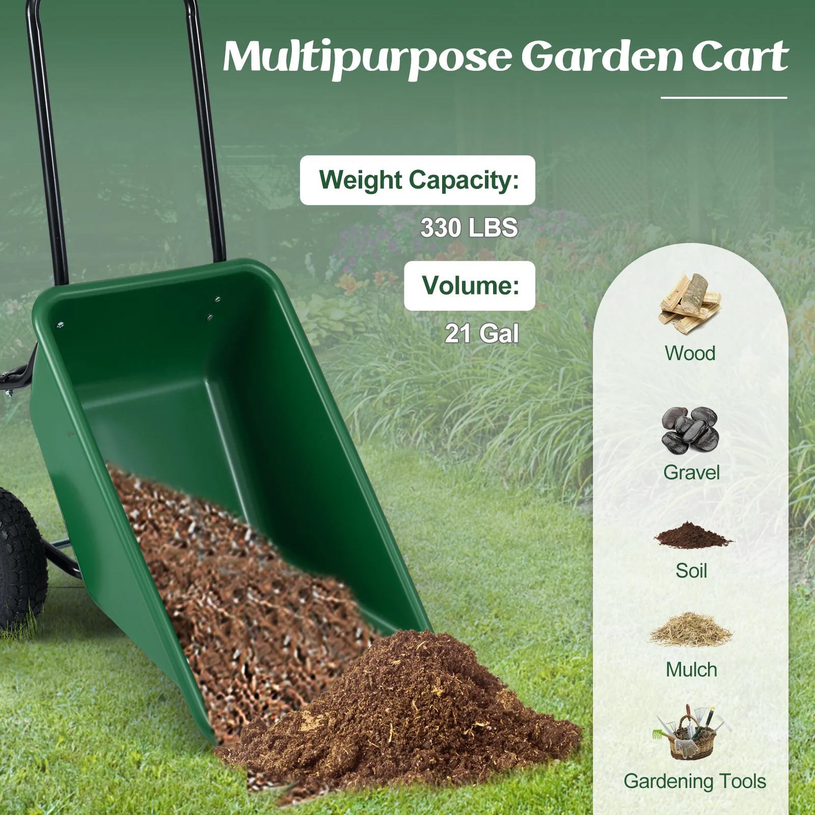 Dual-Wheel Garden Utility Cart, Pneumatic Tires, Green - Image 10