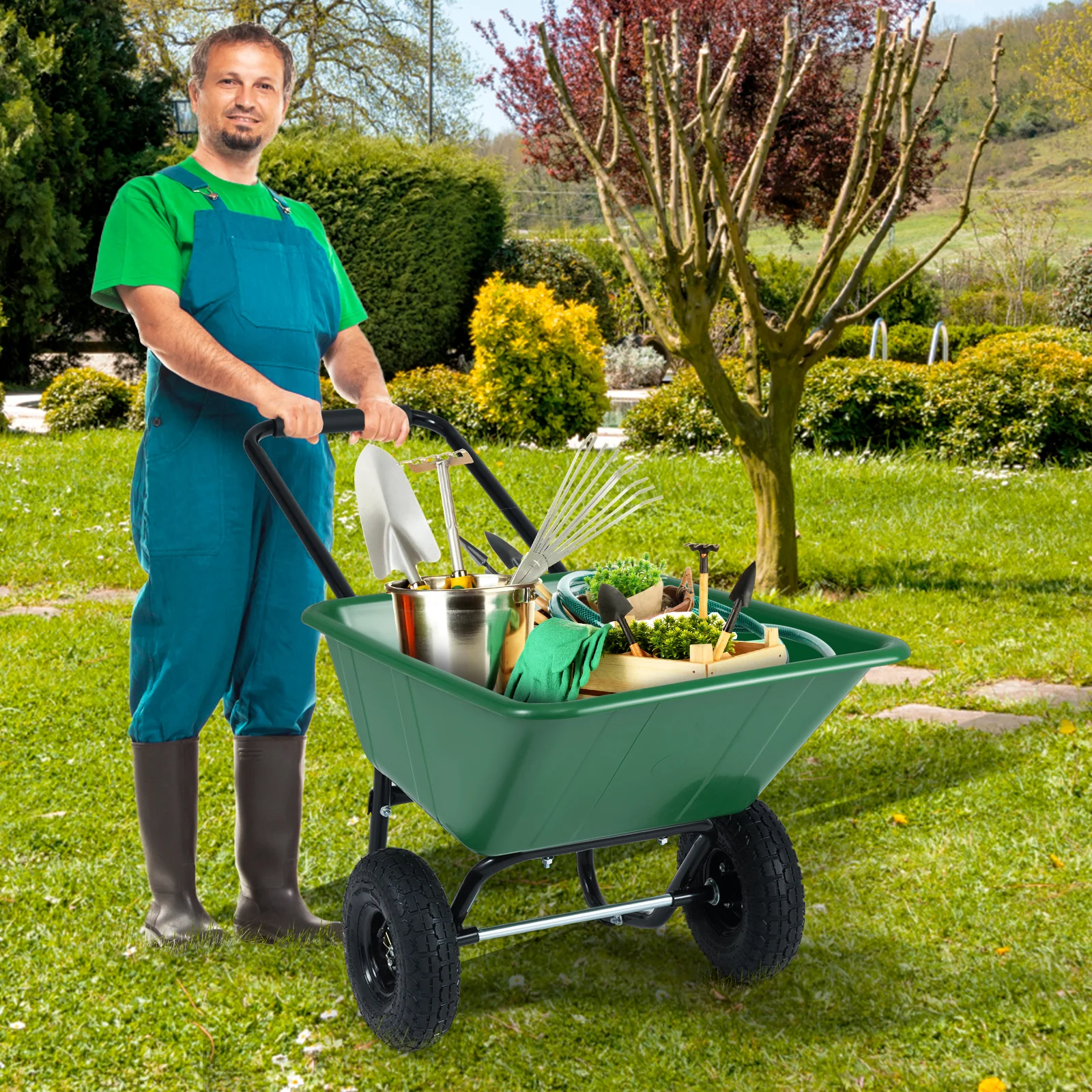 Dual-Wheel Garden Utility Cart, Pneumatic Tires, Green - Image 3