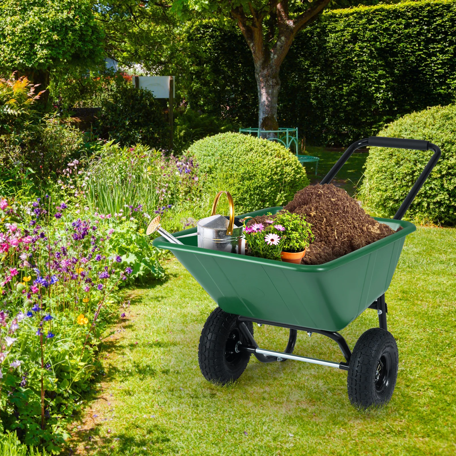 Dual-Wheel Garden Utility Cart, Pneumatic Tires, Green - Image 4