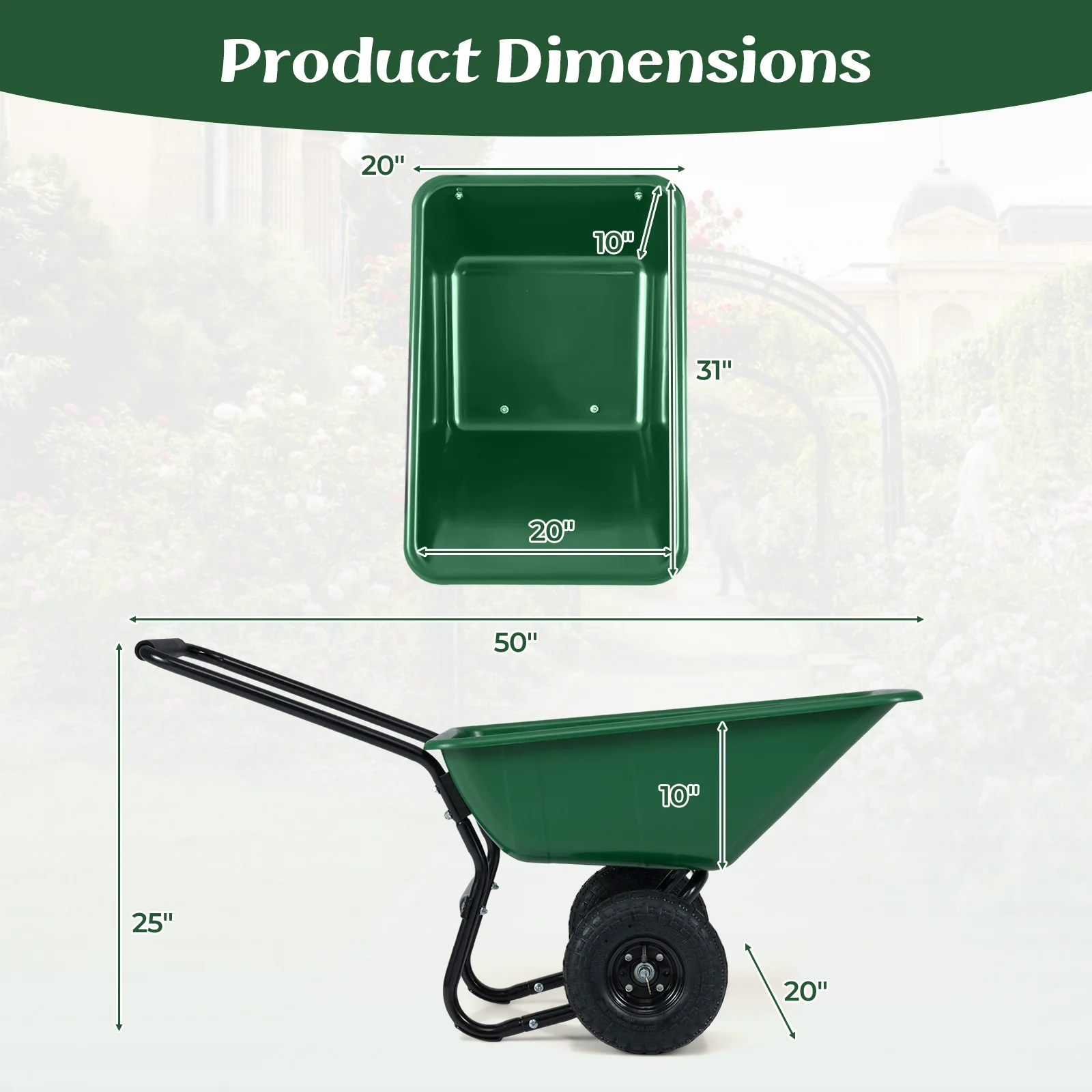 Dual-Wheel Garden Utility Cart, Pneumatic Tires, Green - Image 6