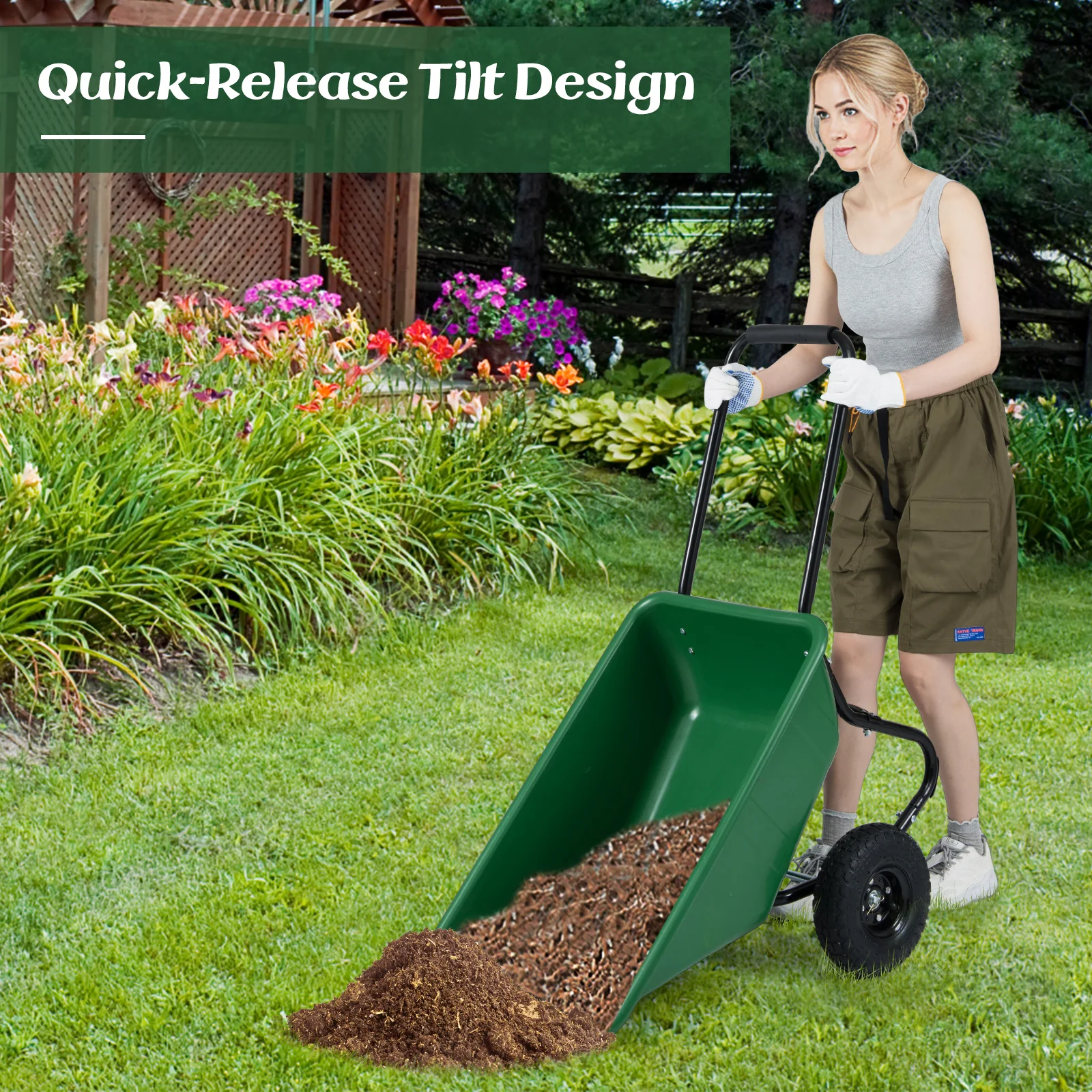 Dual-Wheel Garden Utility Cart, Pneumatic Tires, Green - Image 7