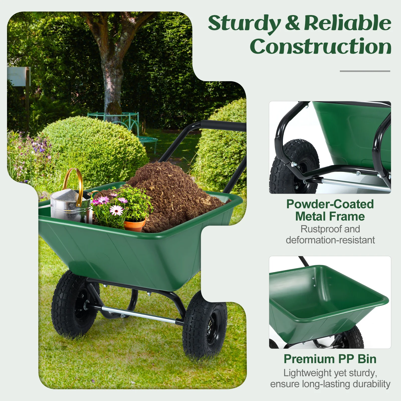 Dual-Wheel Garden Utility Cart, Pneumatic Tires, Green - Image 9