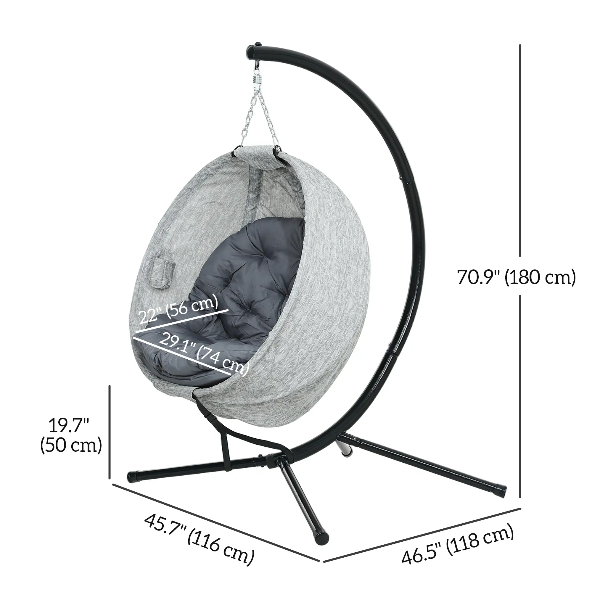 Egg Chair, Folding Basket, Hanging Swing with Stand, Cushions, Grey - Image 3