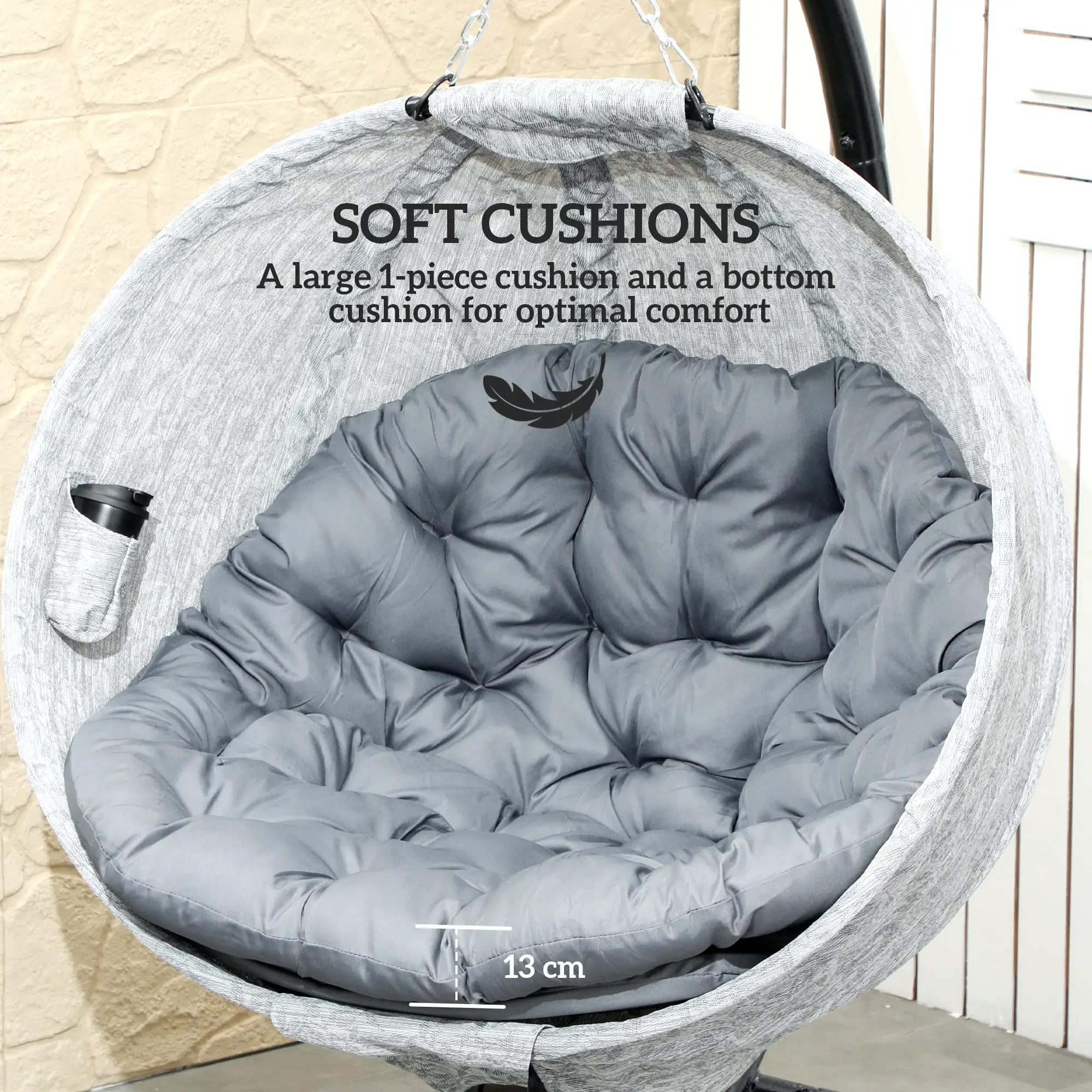 Egg Chair, Folding Basket, Hanging Swing with Stand, Cushions, Grey - Image 4