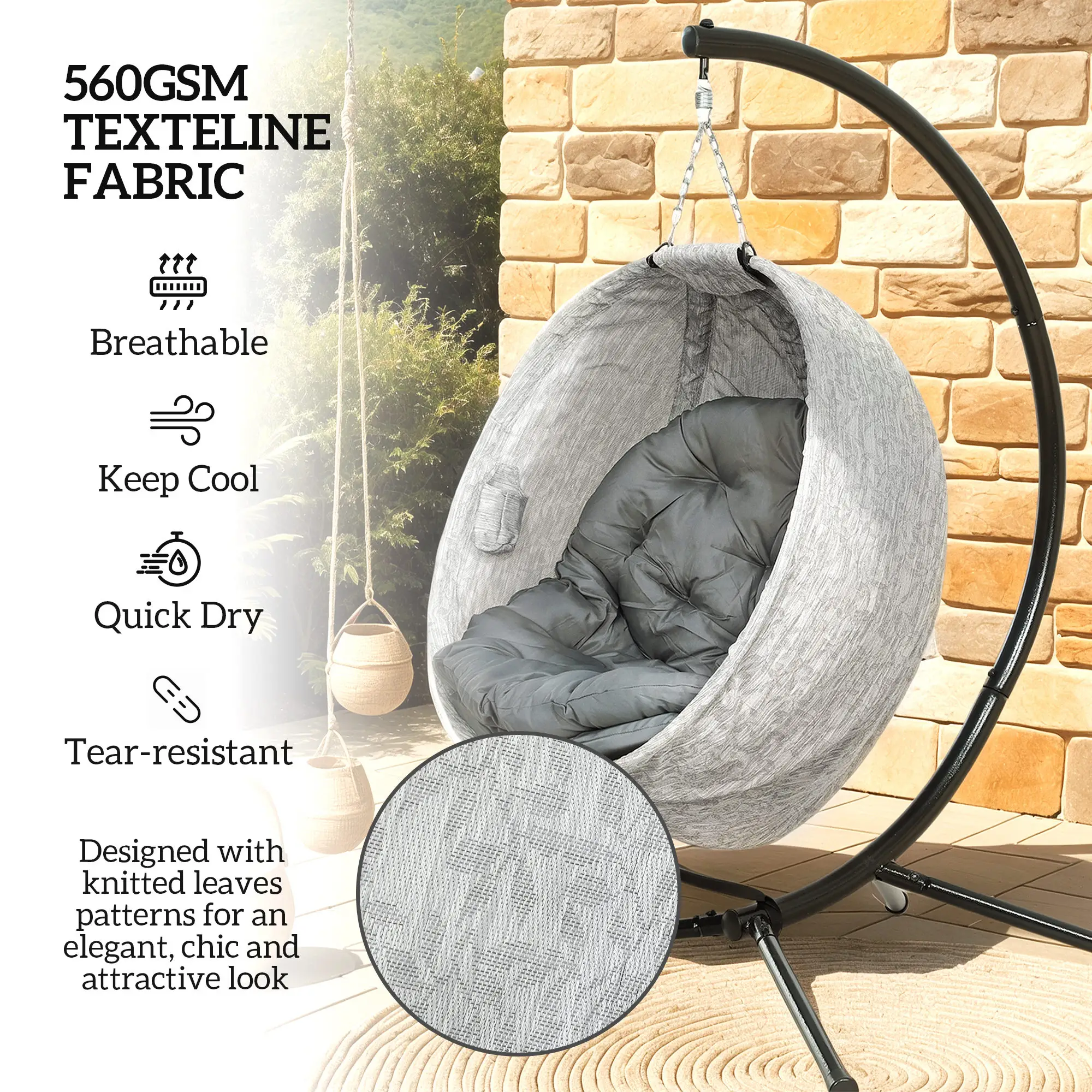 Egg Chair, Folding Basket, Hanging Swing with Stand, Cushions, Grey - Image 5