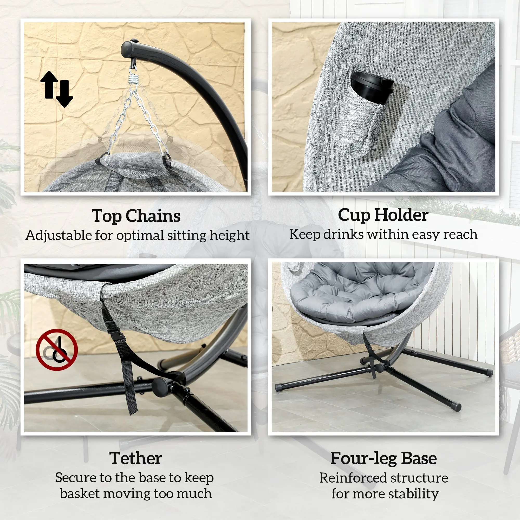 Egg Chair, Folding Basket, Hanging Swing with Stand, Cushions, Grey - Image 7