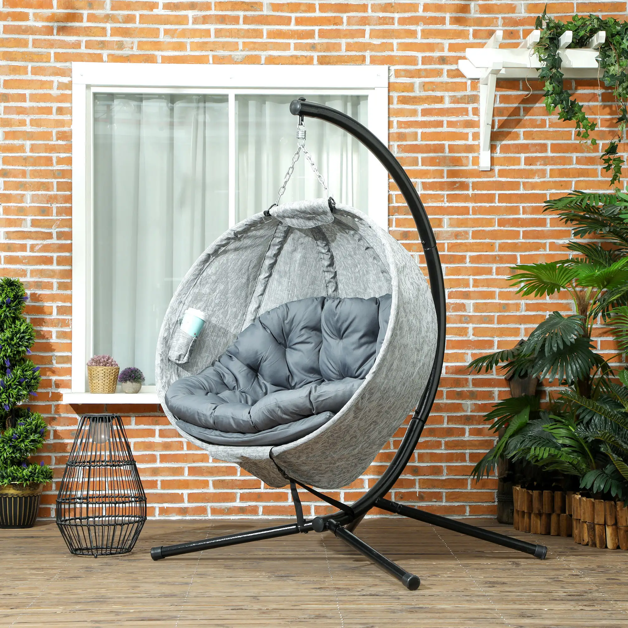Egg Chair, Folding Basket, Hanging Swing with Stand, Cushions, Grey - Image 8