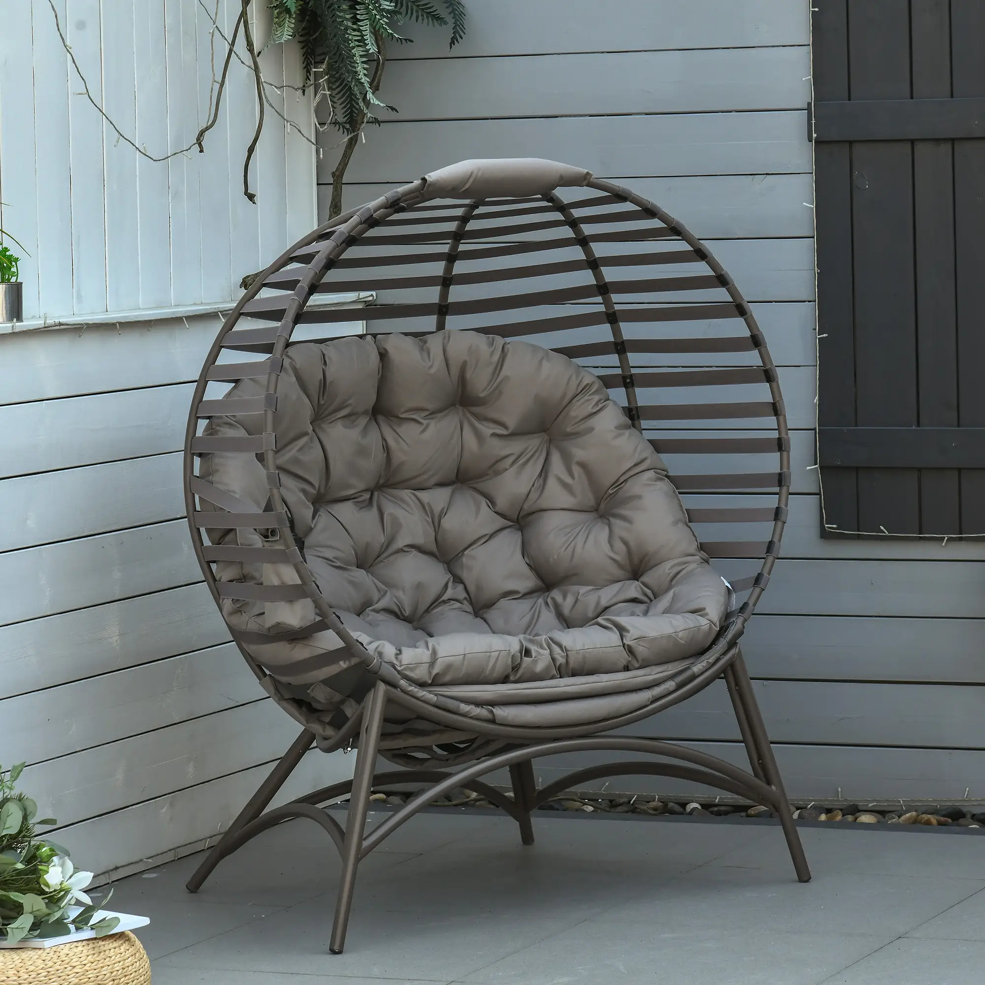 Egg Chair, Patio Lounge Chair, Foldable Basket Chair with Large Seat Cushion, Side Pocket, Sand - Image 2