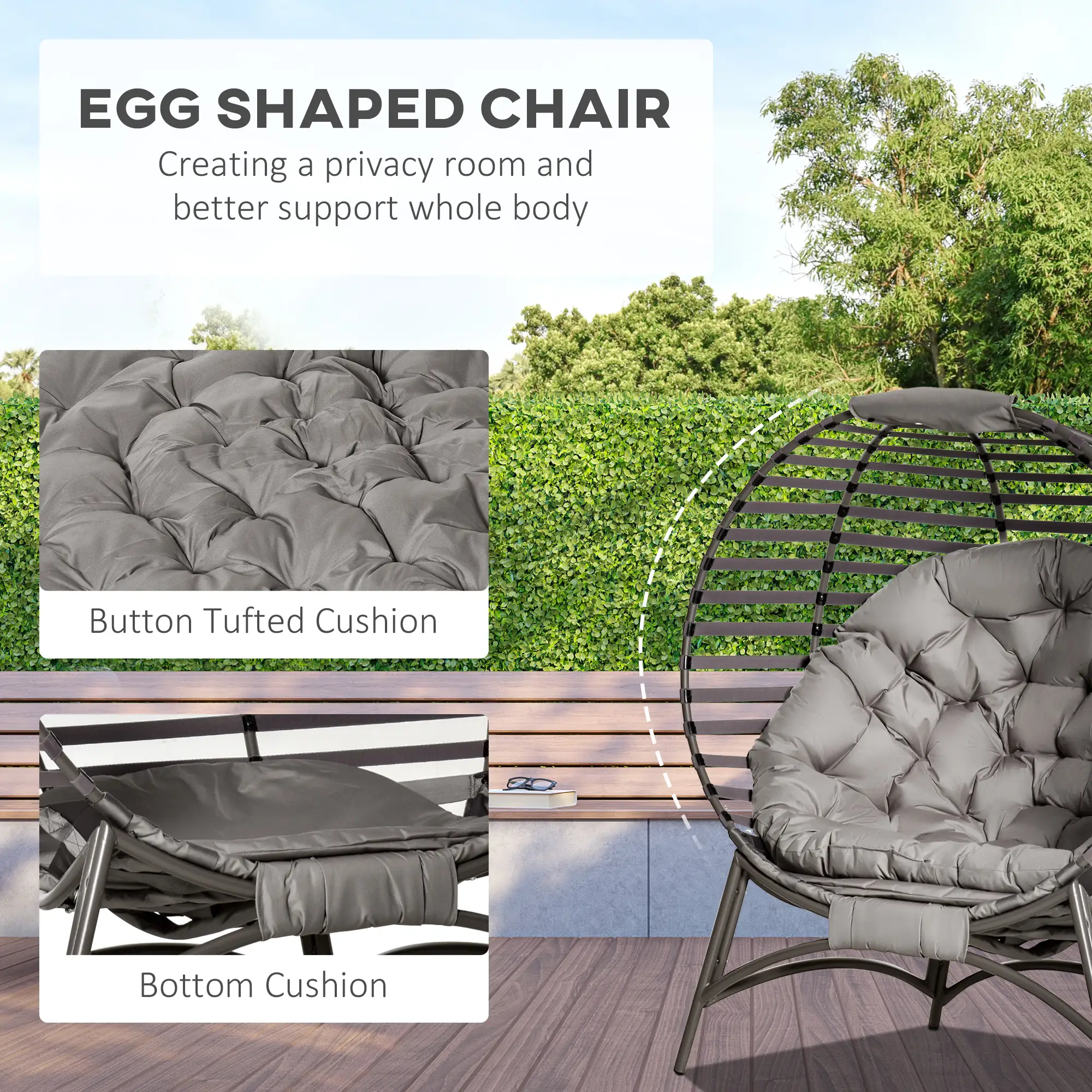 Egg Chair, Patio Lounge Chair, Foldable Basket Chair with Large Seat Cushion, Side Pocket, Sand - Image 5