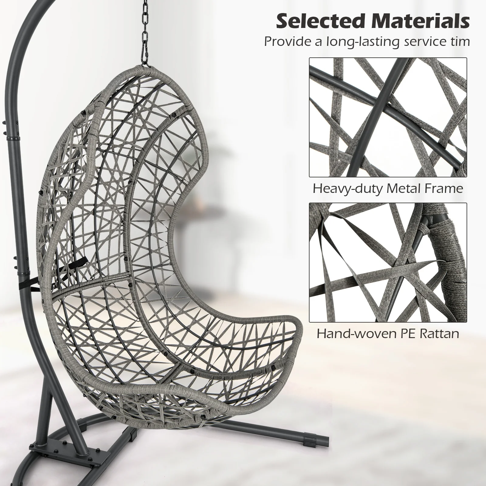 Egg Chair With Stand, PE Rattan Swing Hammock, Gray - Image 10