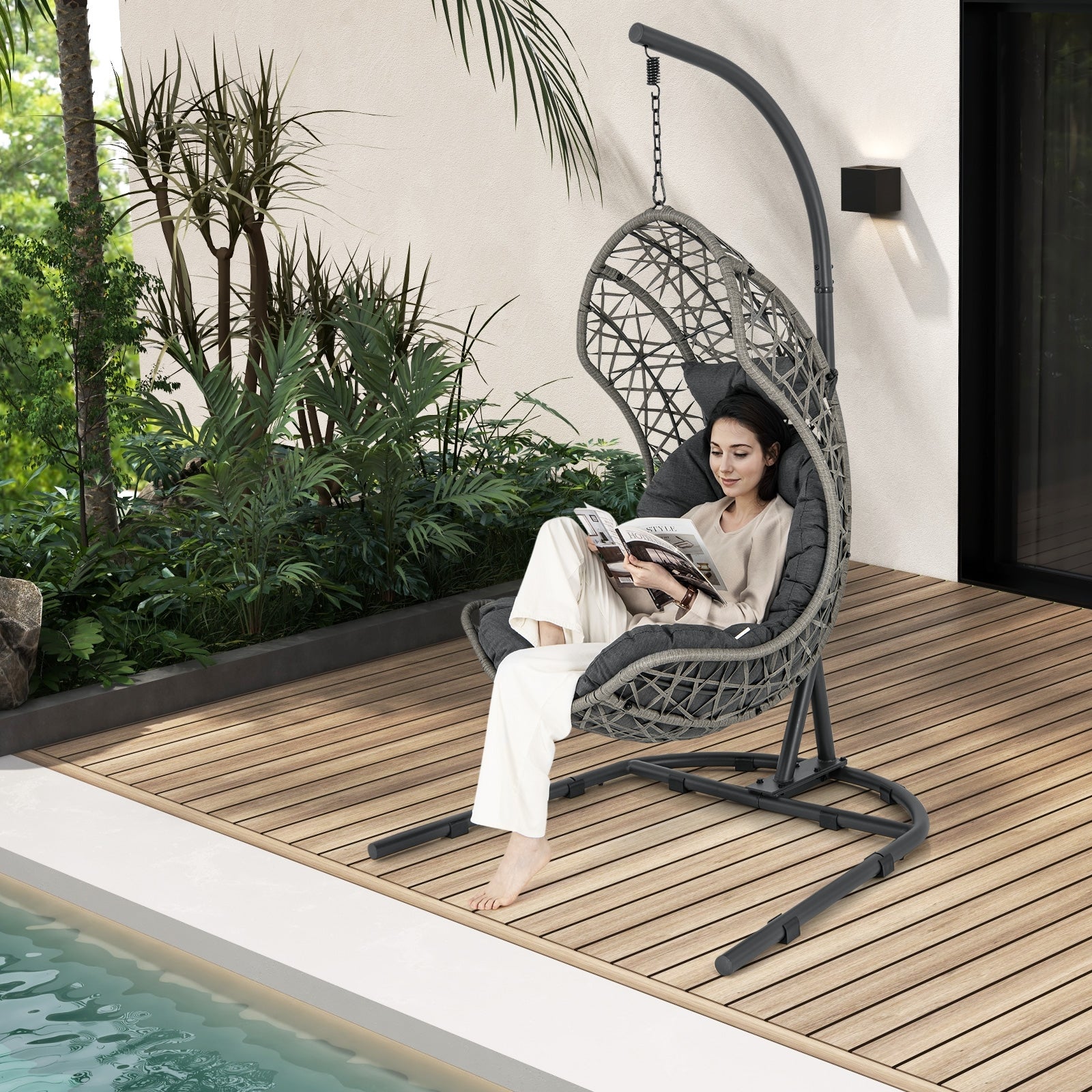 Egg Chair With Stand, PE Rattan Swing Hammock, Gray - Image 2
