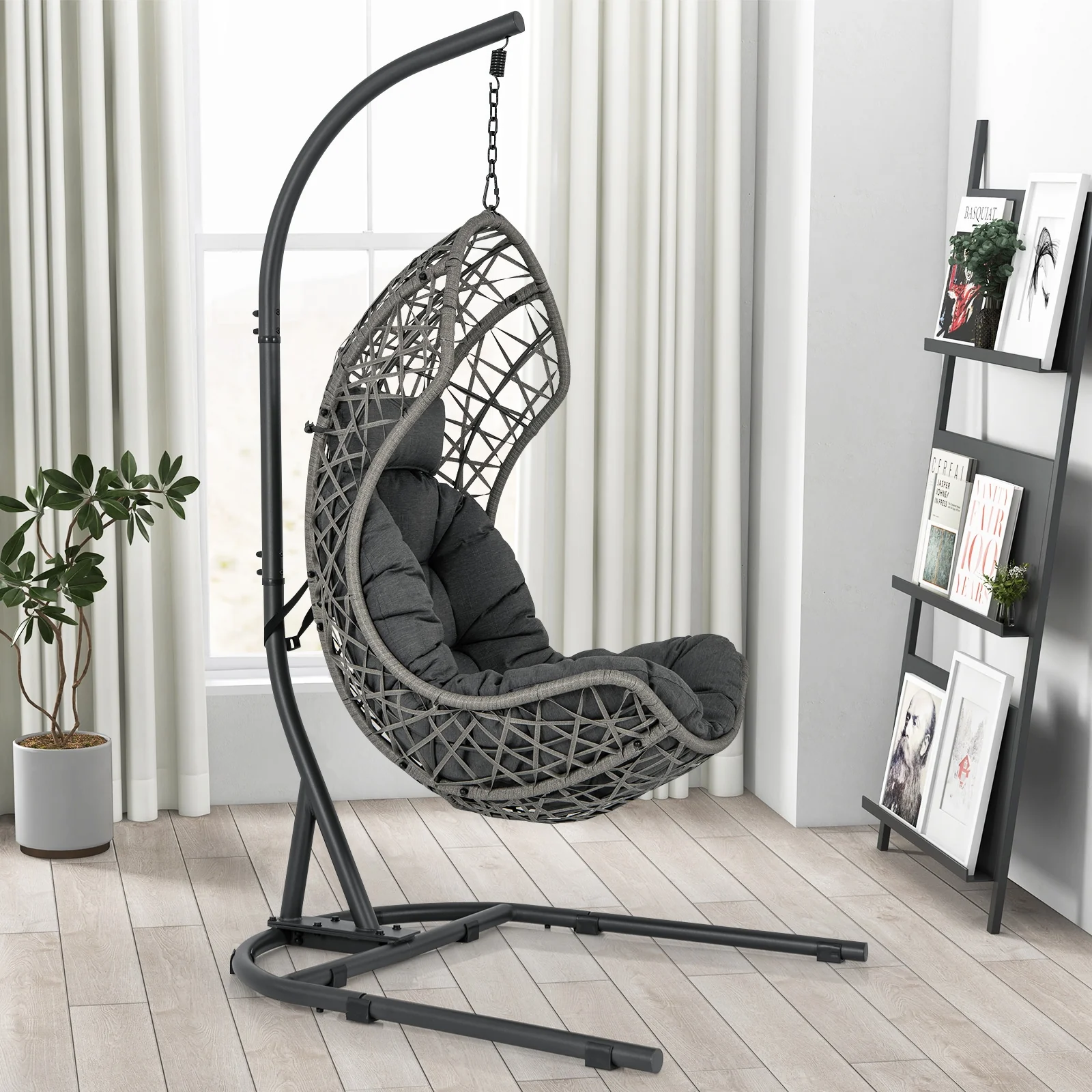 Egg Chair With Stand, PE Rattan Swing Hammock, Gray - Image 6