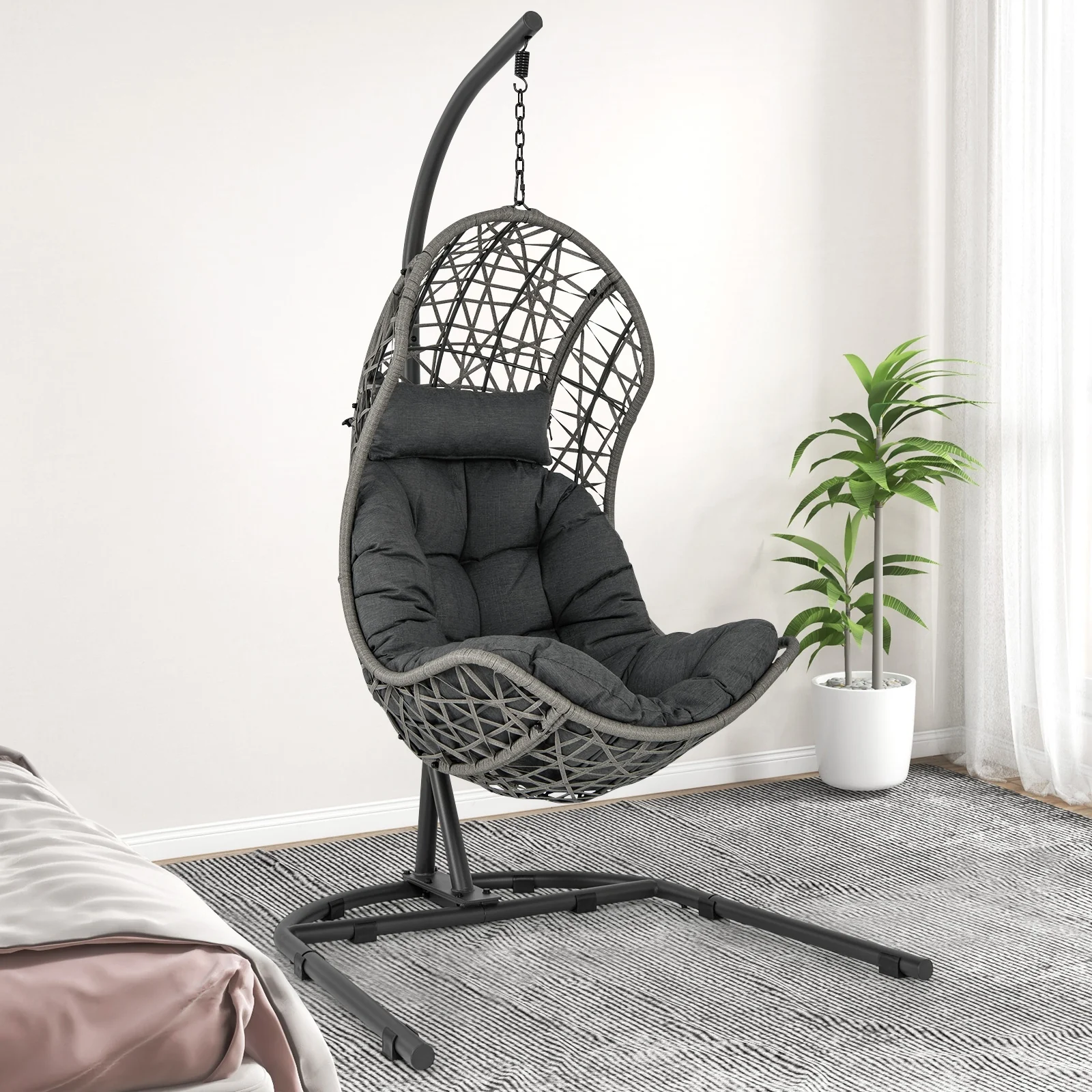 Egg Chair With Stand, PE Rattan Swing Hammock, Gray - Image 7