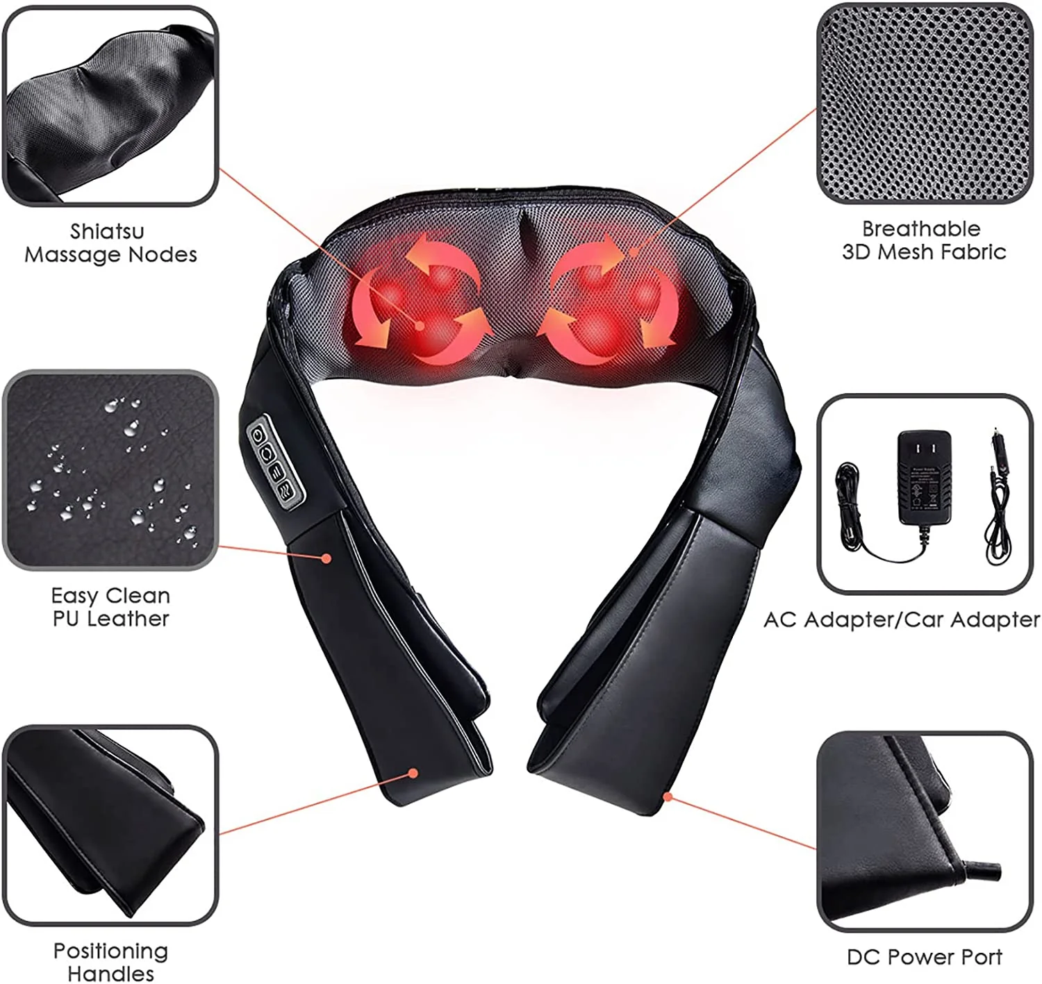 Electric Back and Neck Kneading Shoulder Massager with Heat Straps, Black - Image 8